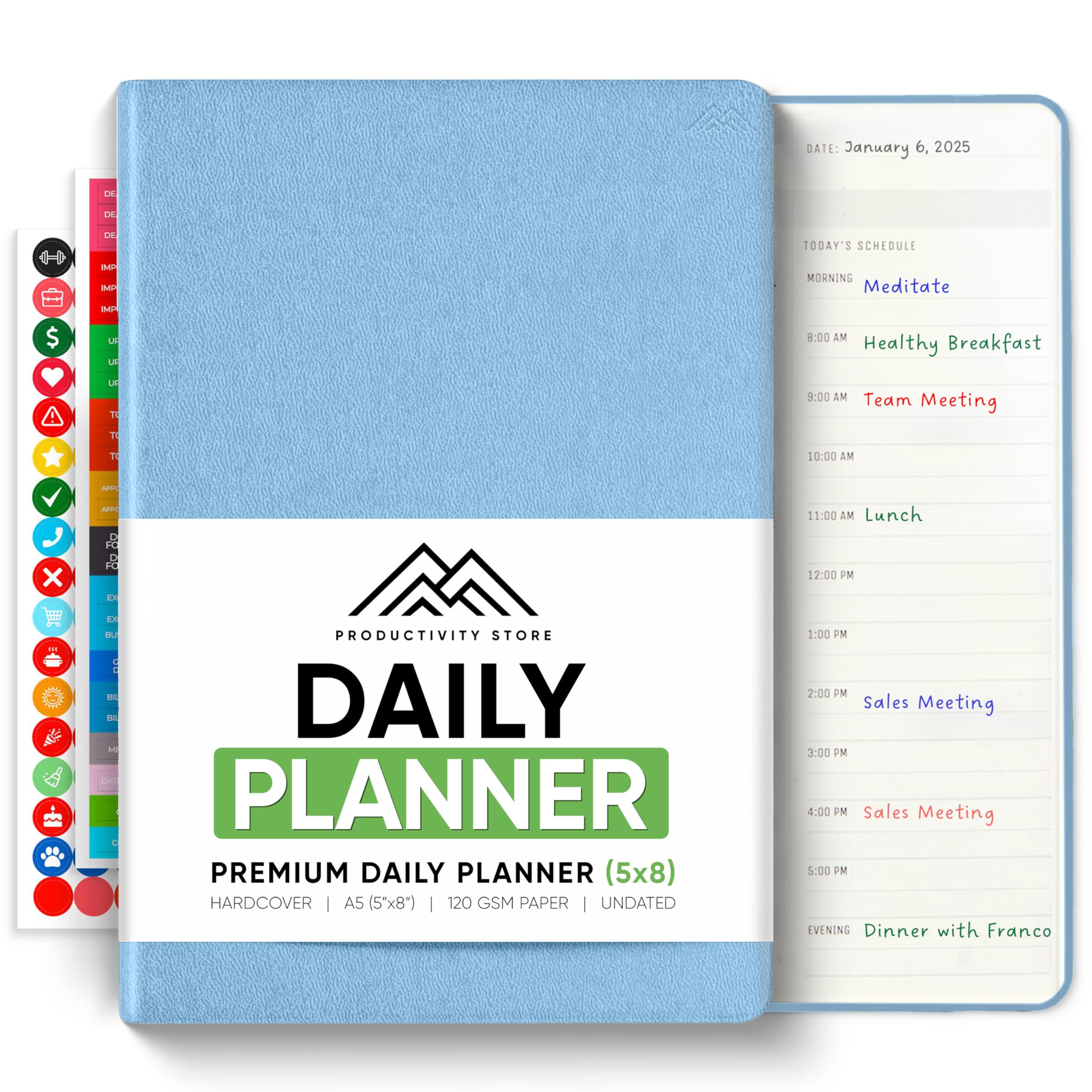 PRODUCTIVITY STORE - Agenda diaria 2026 (5 x 8 pulgadas), el mejor planificador diario de flujo de trabajo con horario por hora y lista de tareas para lograr tus objetivos (A5, azul)