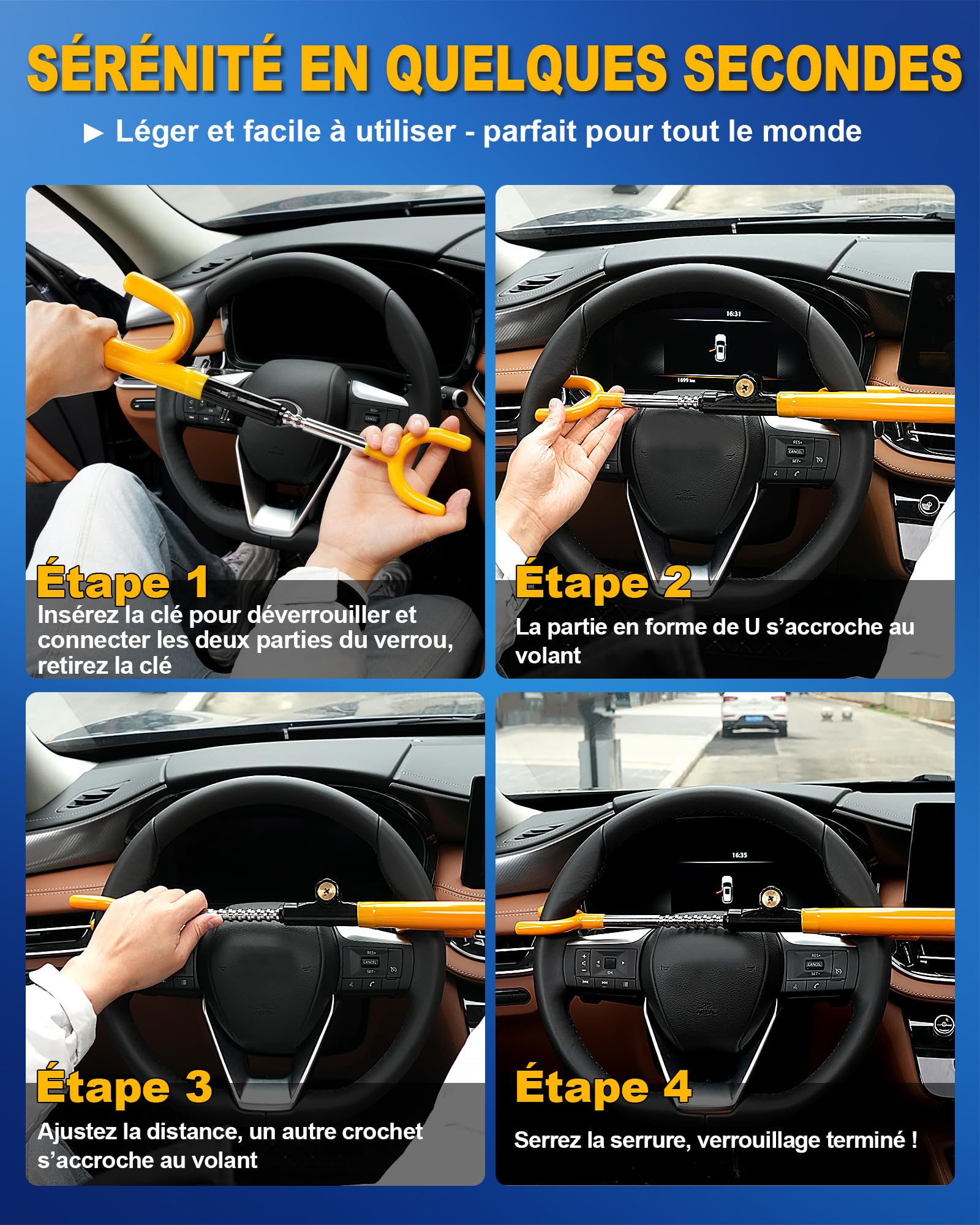 Tevlaphee Bloque-Volant, Serrure de Sécurité Auto, Dispositif Anti-Vol Robuste, Haute Visibilité, Adaptation Universelle pour Voitures, SUV & Vans, Réglable, Noyau en Acier Massif, 3 Clés(Jaune)