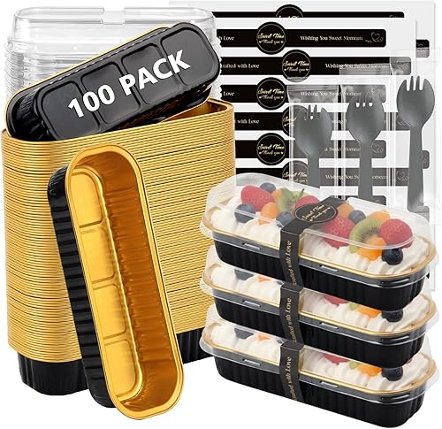 Ruckae Paquete de 100 mini moldes para hornear pan con tapas y cucharas, moldes de papel de aluminio desechables, sartenes rectangulares de papel de