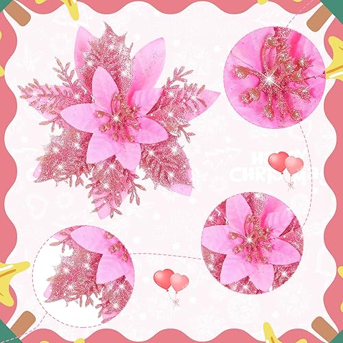 Vista 4 de 24 Pieces Poinsettia Christmas Decorations Glitter Poinsettia Flowers 5.5 Inch Poinsettias Artificial Christmas Flowers for Christmas Tree Ornament