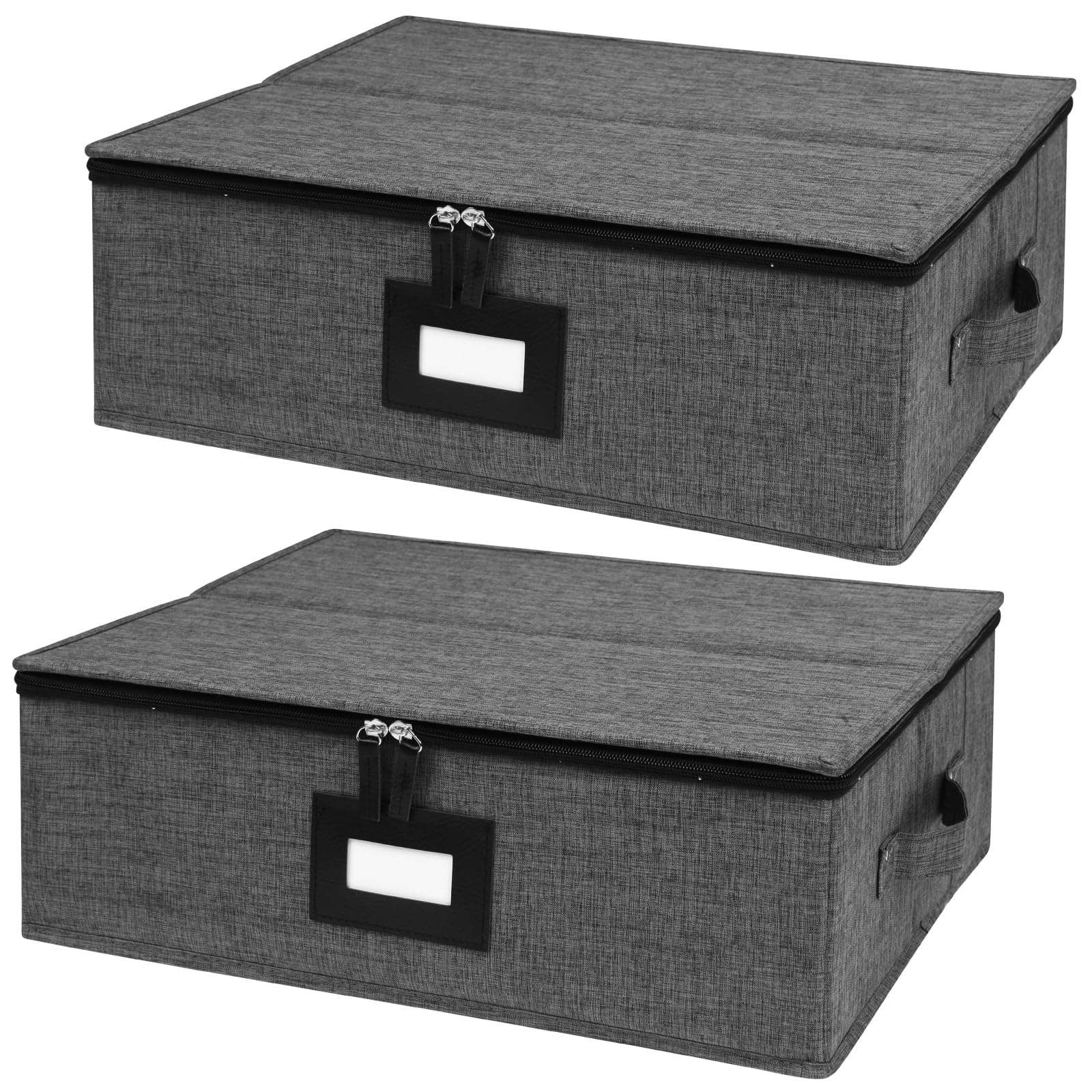 China Storage Containers 2 Pack, Platter Storage Containers 17" x 13" x 6" for Dinnerware Storage and Transport, 5 Felt Dividers Included, Structured Top and Stackable (Black)