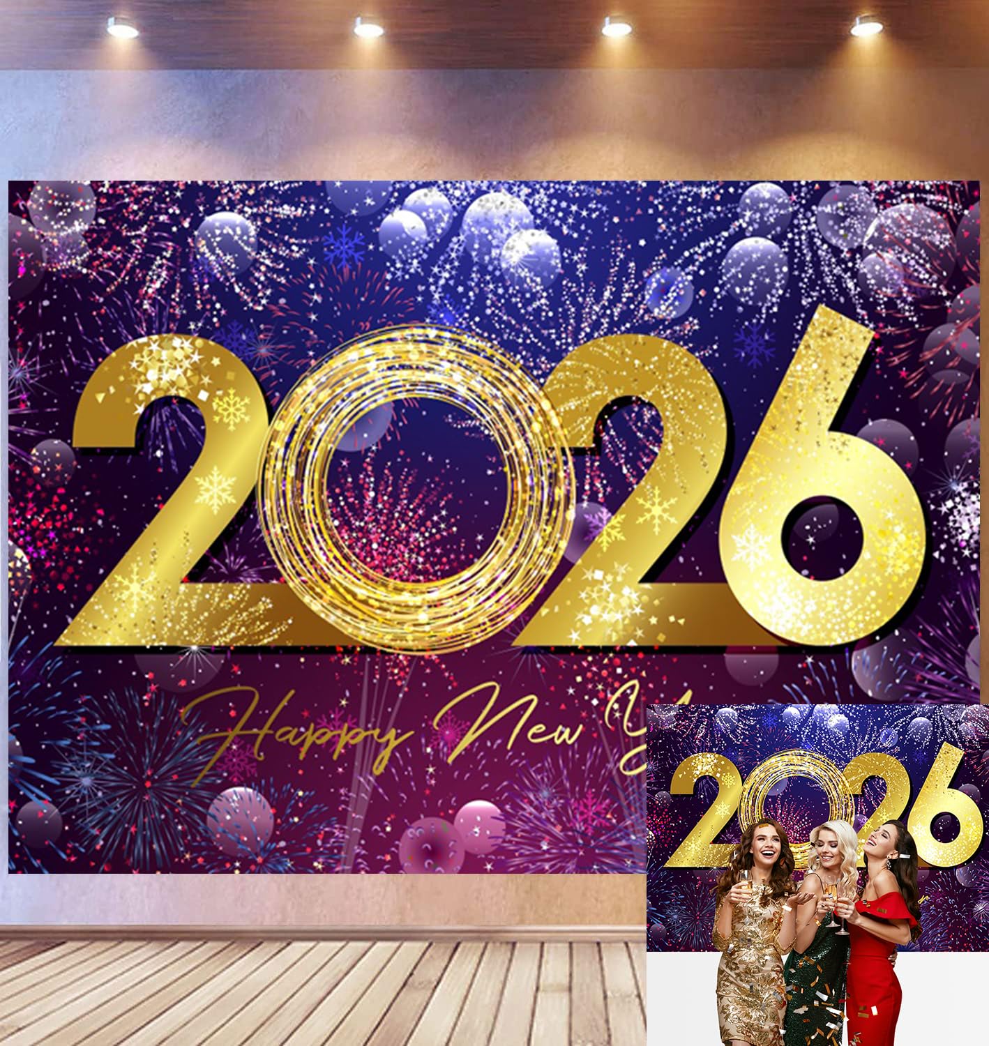 4,2x3m Fond de célébration de Bonne Nouvelle année 2026 scène d'or Salutation Multicolore Feux d'artifice Flocon de Neige Fond pour la Veille du Nouvel an fête Photo Cabine Accessoires