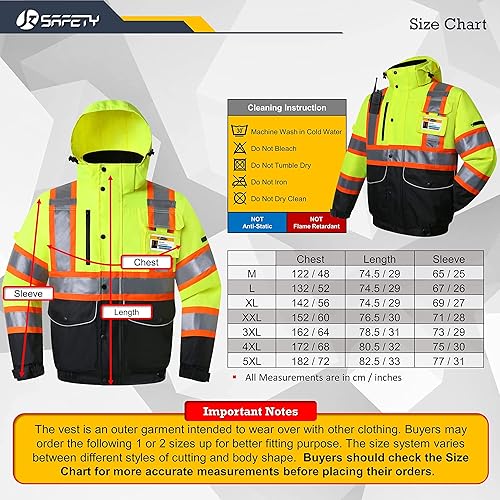Miniatura 7 de JKSafety Chaqueta bomber de invierno reflectante 3M, impermeable de alta visibilidad, con 10 bolsillos, parte inferior amarilla neón negra, bolsillo