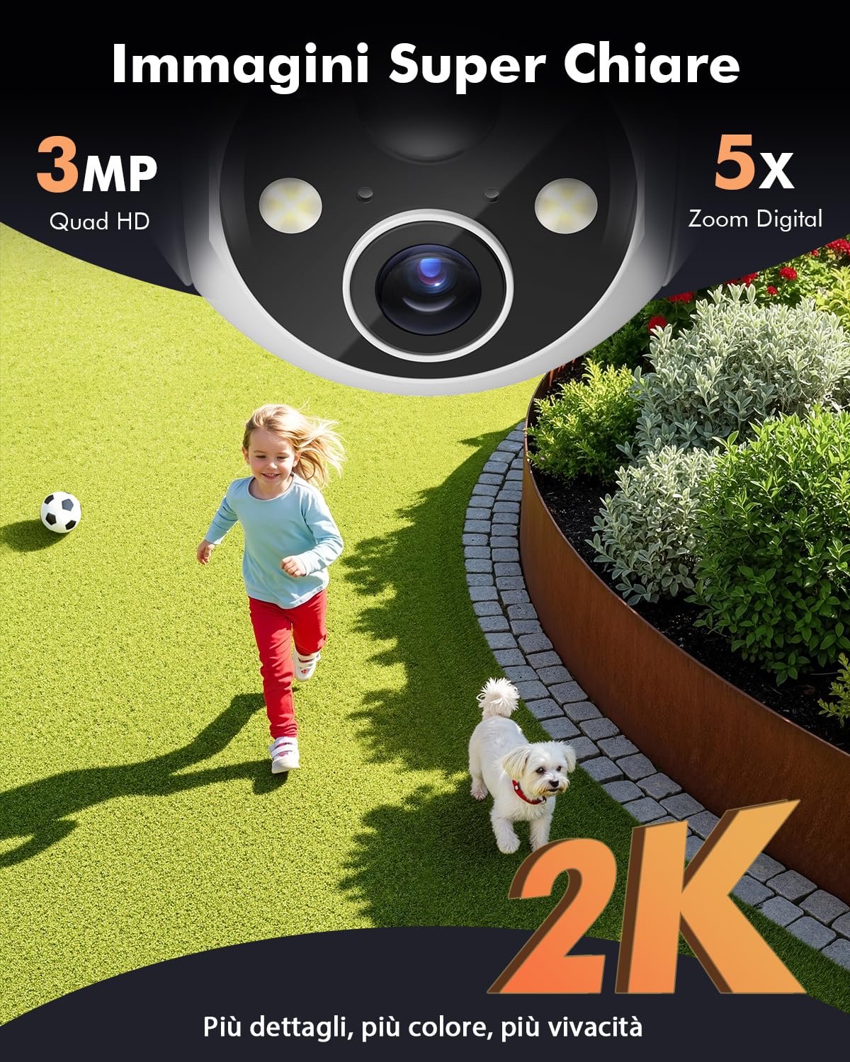 YESKANO 2K Telecamera Wi-Fi Esterno Senza Fili Con Pannello Solare, 360° PTZ Videocamera Sorveglianza A Batteria, Visione Notturna A Colori, Rilevamento Umano/PIR con Allarme, 2 Vie Audio, 2.4GHz,IP66