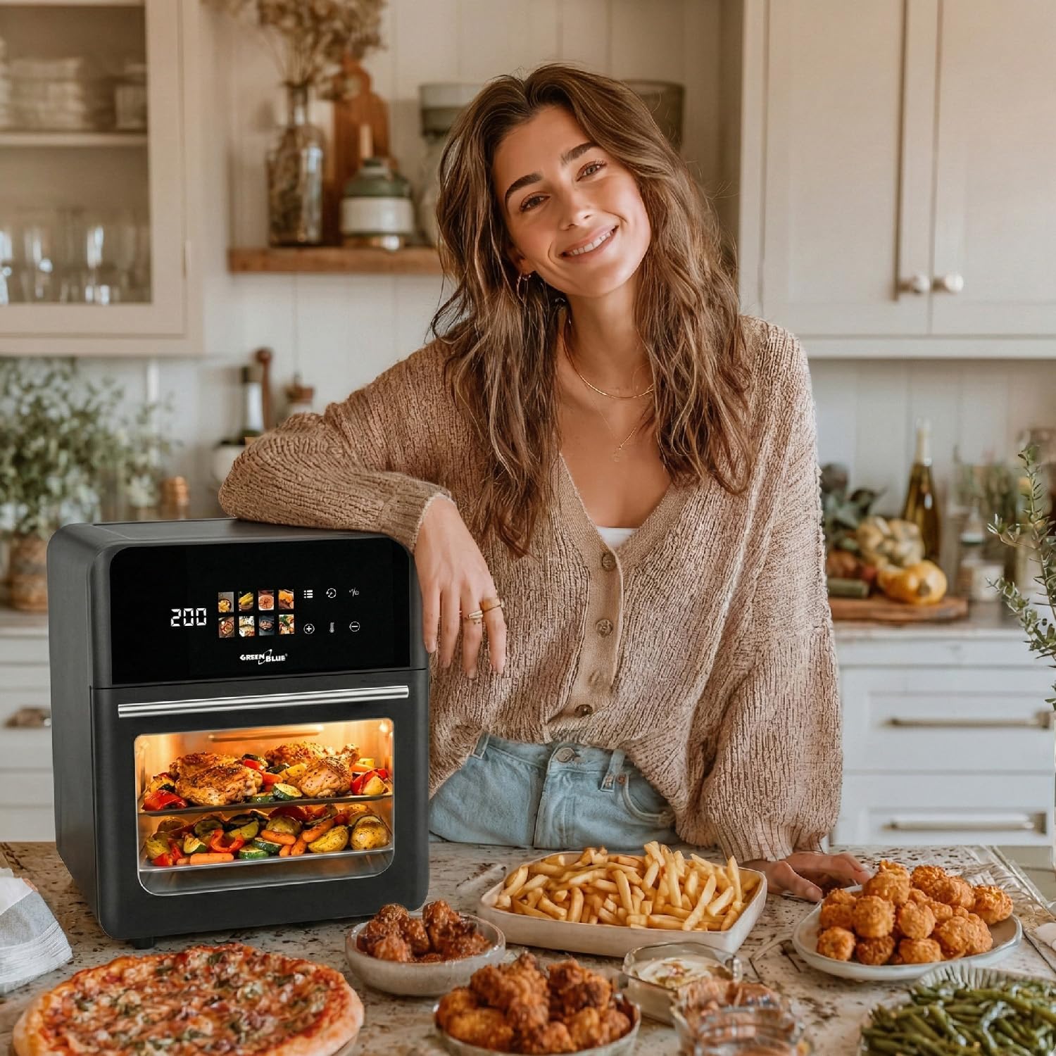 GreenBlue GB950 Freidora sin aceite Air Fryer 10 L, 1800 W, ventana de visualización, 8 programas, panel táctil y termómetro de sonda GreenBlue GB178