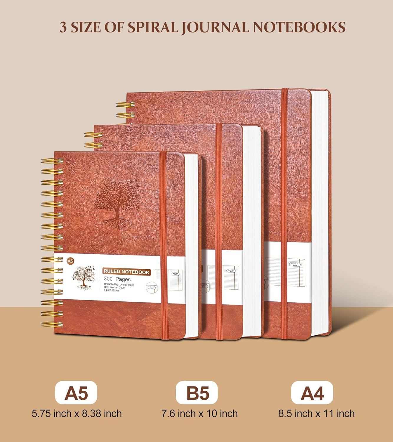 Lined Spiral Notebook Journal, 300 Pages Hardcover Leather Journals for Women Men, A5 College Ruled Notebooks, 100 GSM Thick Paper, Spiral Bound Journaling for Writing Work School 5.75"×8.38", Brown - Image 3
