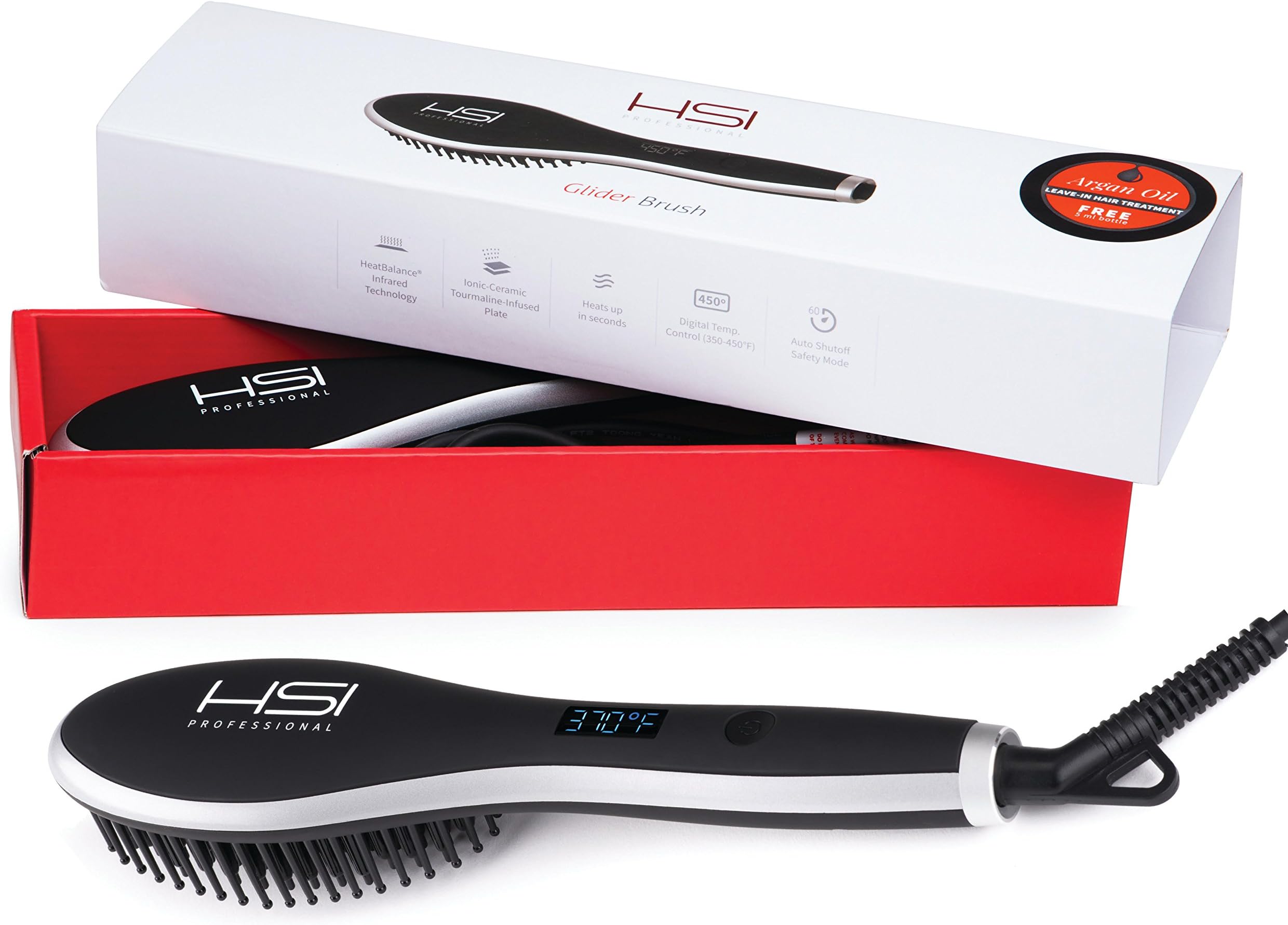 HSI PROFESSIONAL Ceramic Tourmaline Ionic Flat Iron Glider Brush Hair Straightener with Travel Size Argan Oil Leave in Hair Treatment.