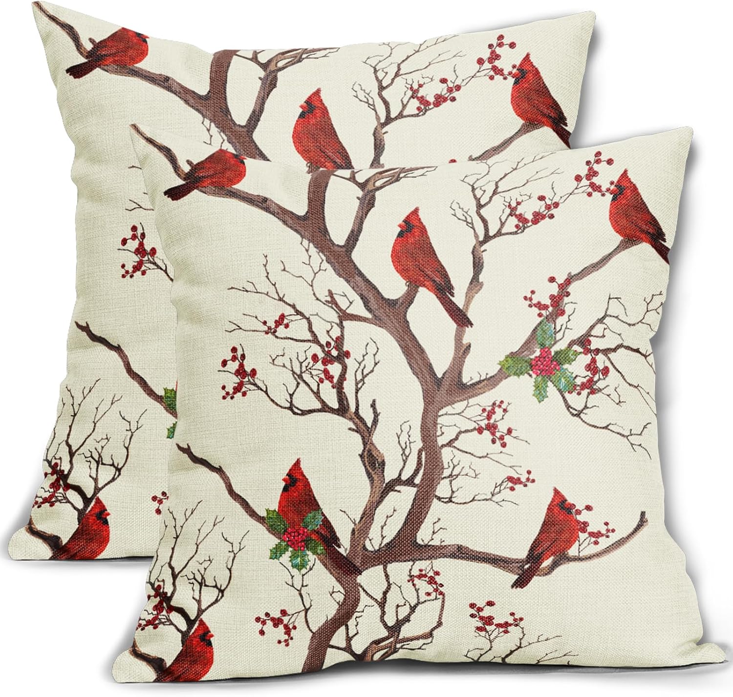 Red Winter Bird Pillow Covers 24x24 Set of 2 Rustic Christmas Bird Branches Leaf Print Decorative Outdoor Pillowcases Rustic Farmhouse Throw Cushion Case Decor for Couch Sofa Bed