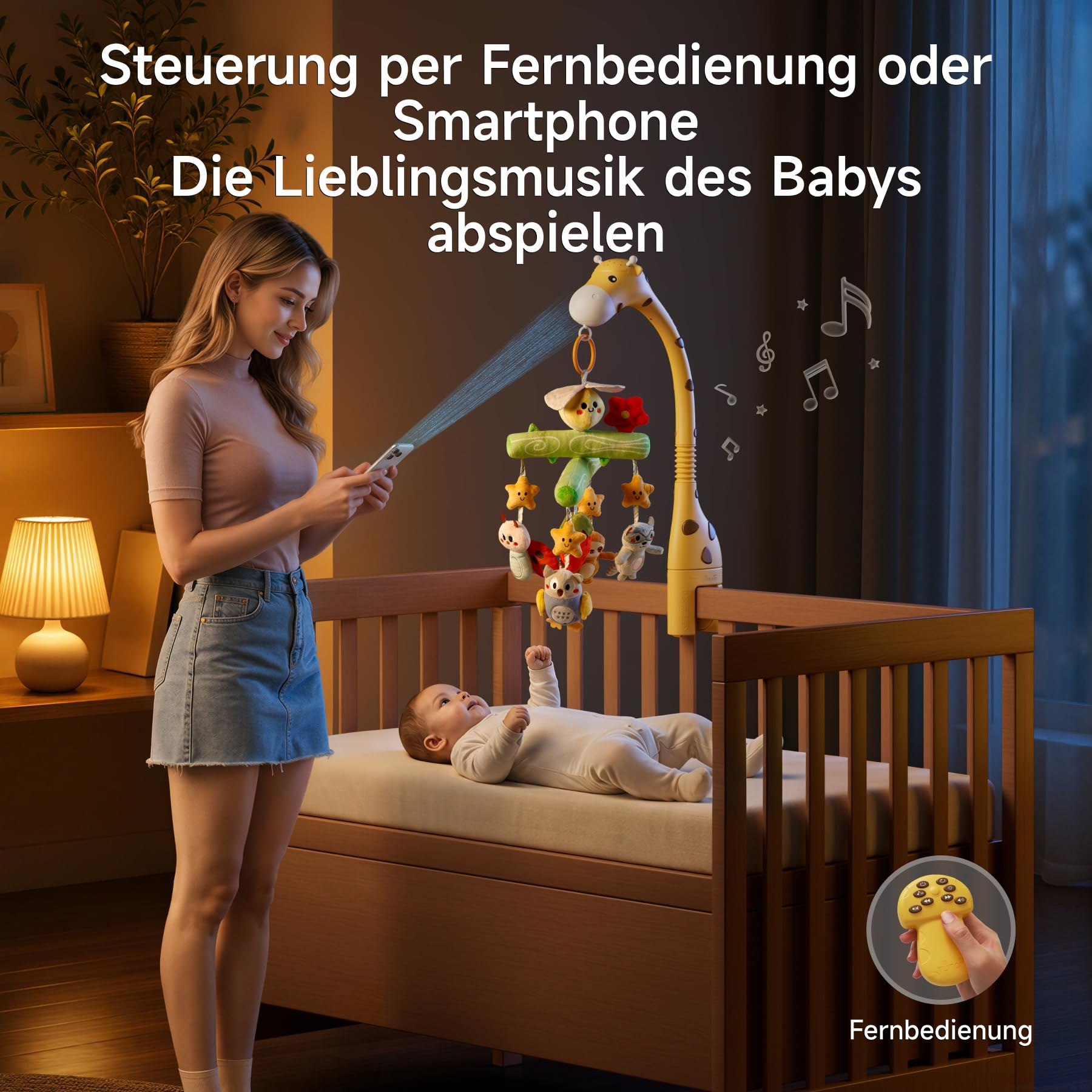 TUMAMA KIDS Baby Mobile für Babybett, Spielzeug Kinderbett mit Licht, Musik | Baby Schlafprojektor, 3 in1 Giraffe Bettspielzeug mit hängendem Bienen Plüschtier, Musik Spieluhr Mobile Kinder Geschenk