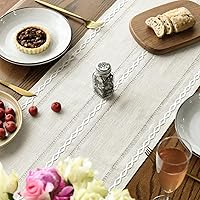 Vista 4 de Artoid Mode Beige Rustic Cotton Linen Table Runner, Seasonal Embroidered Hollow Kitchen Dining Table Decoration for Home Party Decor 13x72 Inch