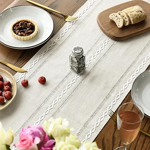 Miniatura 4 de Artoid Mode Camino de mesa de lino y algodón rústico beige, bordado de temporada, decoración de mesa de comedor para decoración de fiesta del hogar,