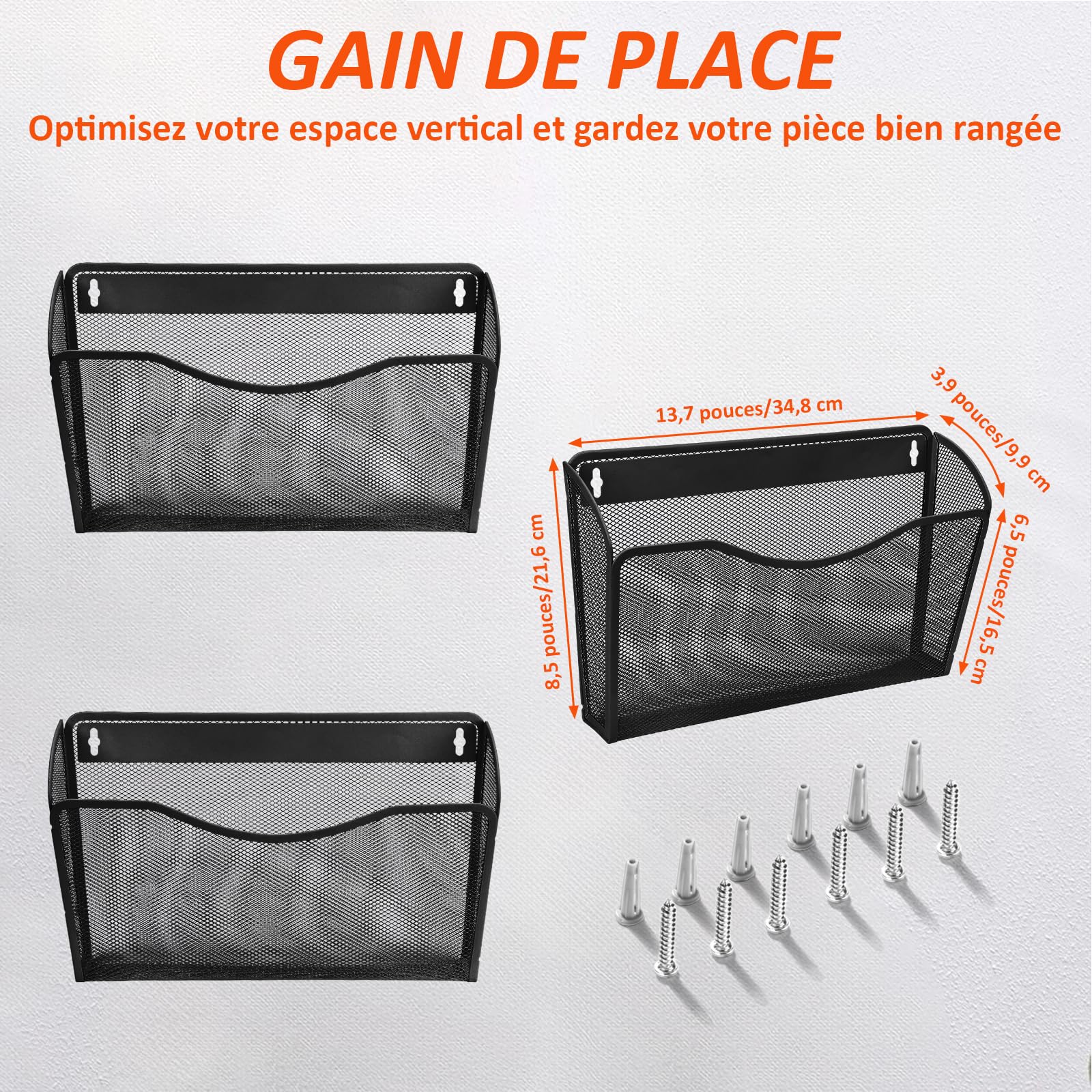 AGPTEK Porte-Documents Organiseur de Fichiers Dossiers Mural, 3 pièces, Mailles en Métal, Noir