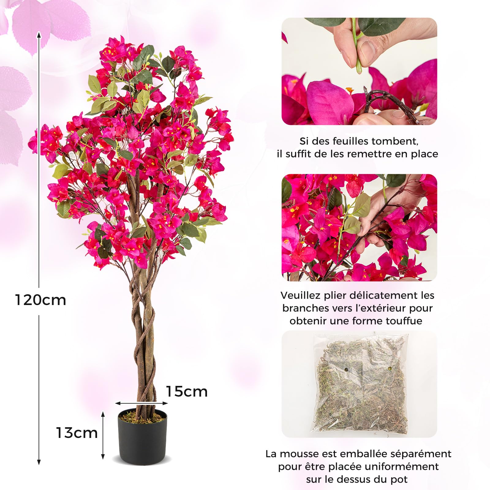 COSTWAY Plante Artificielle Bougainvillier de 120 cm, Plante Fleurie Faussée en Pot de Pépinière avec Fleurs en Pleine Floraison, Fausse Arbre Décoration du Magasin Bureau Maison (Rose 2 Pack)