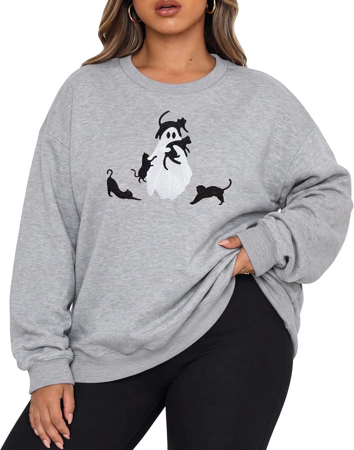 BLANCHES Plus Size Halloween Sweatshirt Women Black Cat Ghost Pullover