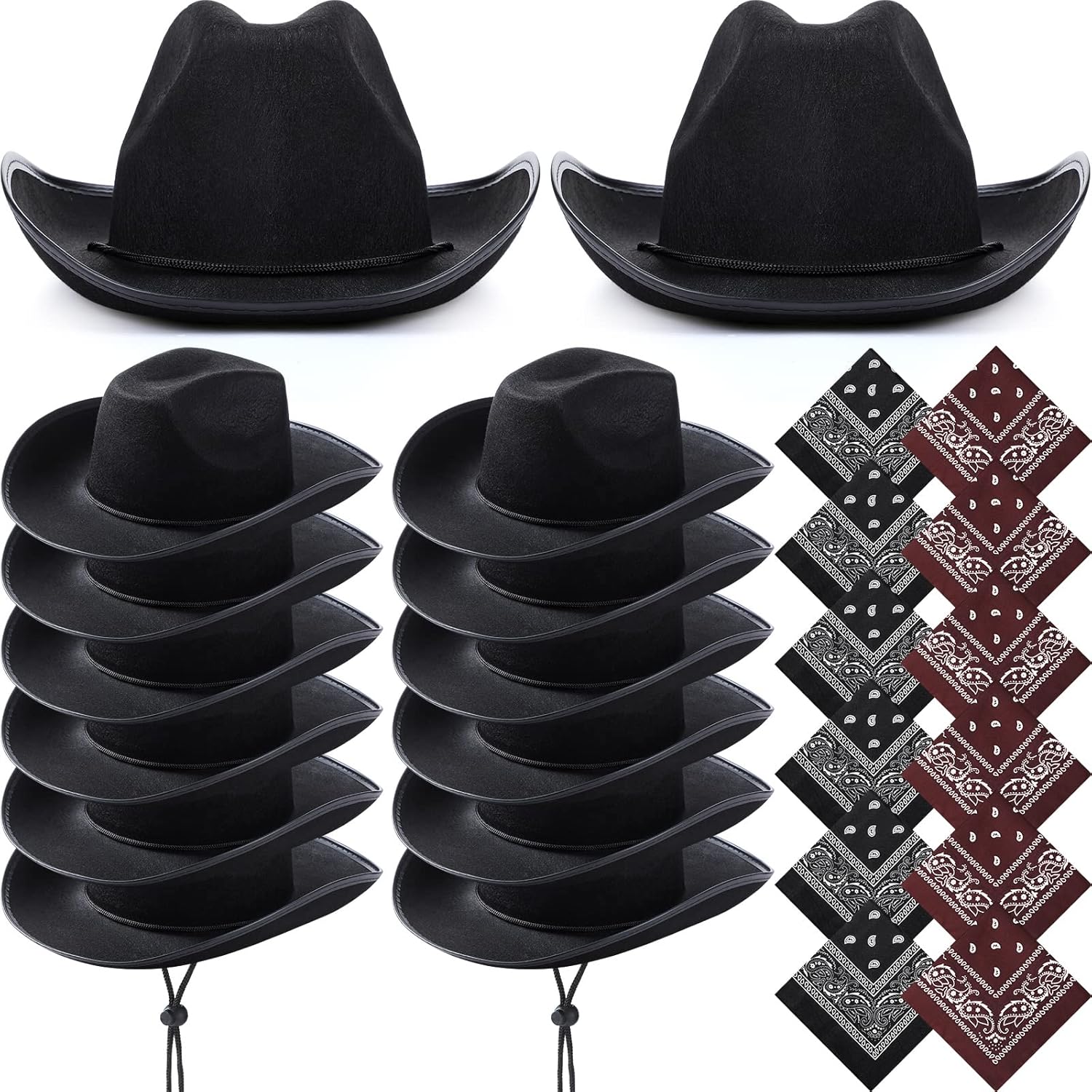 (Incomplete, only 22 pcs) 24 Pcs Adult Cowboy Hat with Paisley Bandana Western Cowgirl Hat with Wind Lanyard Paisley Pattern Bandanas (Black, Brown)