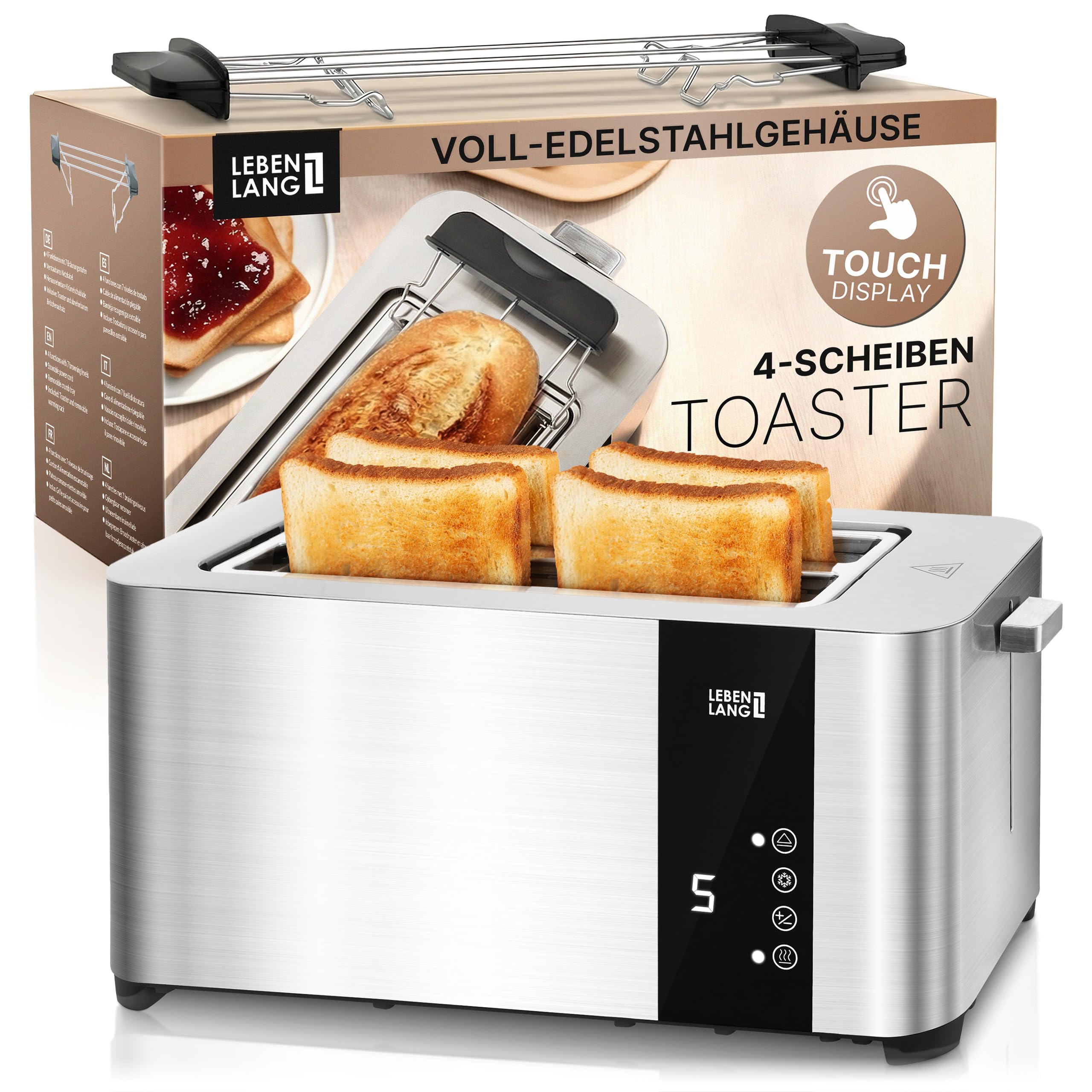 LEBENLANG Toaster grille pain Inox 4 fentes longues - 1400W