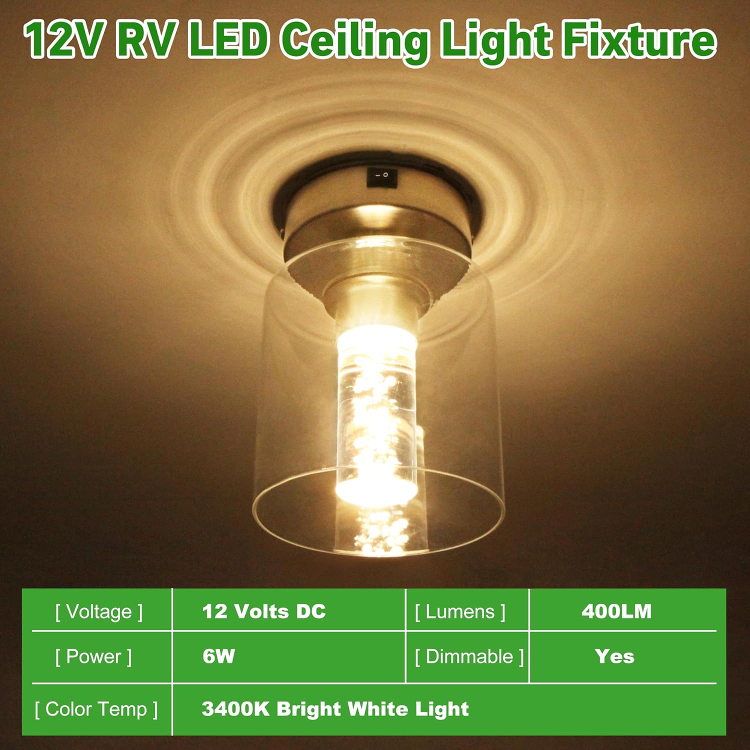 Glass RV Pendant Light Fixtures - 12V RV Interior Ceiling Light with Switch, LED Dinette Lighting with Acrylic Bubble, for RV Motorhome Camper Trailer, 3400K Warm White
