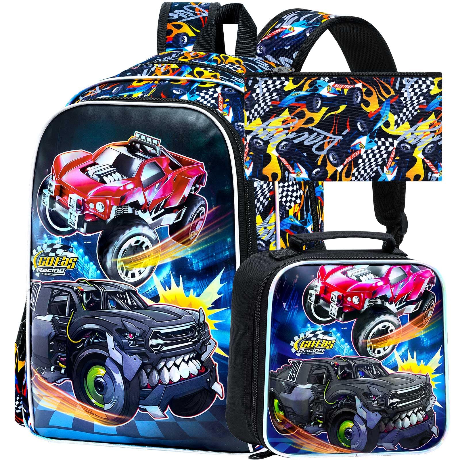 3Pcs Truck Backpack, 16" Boys Bookbag with Lunch Box, Kids School Backpacks Set for Elementary Preschool Kindergarten (Balck)