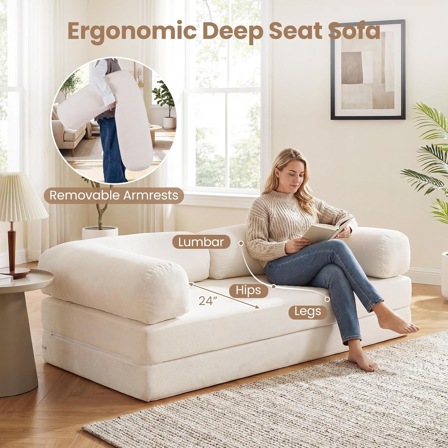 Giantex Folding Sofa Bed, 4-in-1 Convertible Futon Couch with Comfy Corduroy Cover & L-Shaped Removable Armrests, No Assembly Sponge Loveseat, Fold-Out Sleeper Bed for Living Room, Guest Room (Beige)