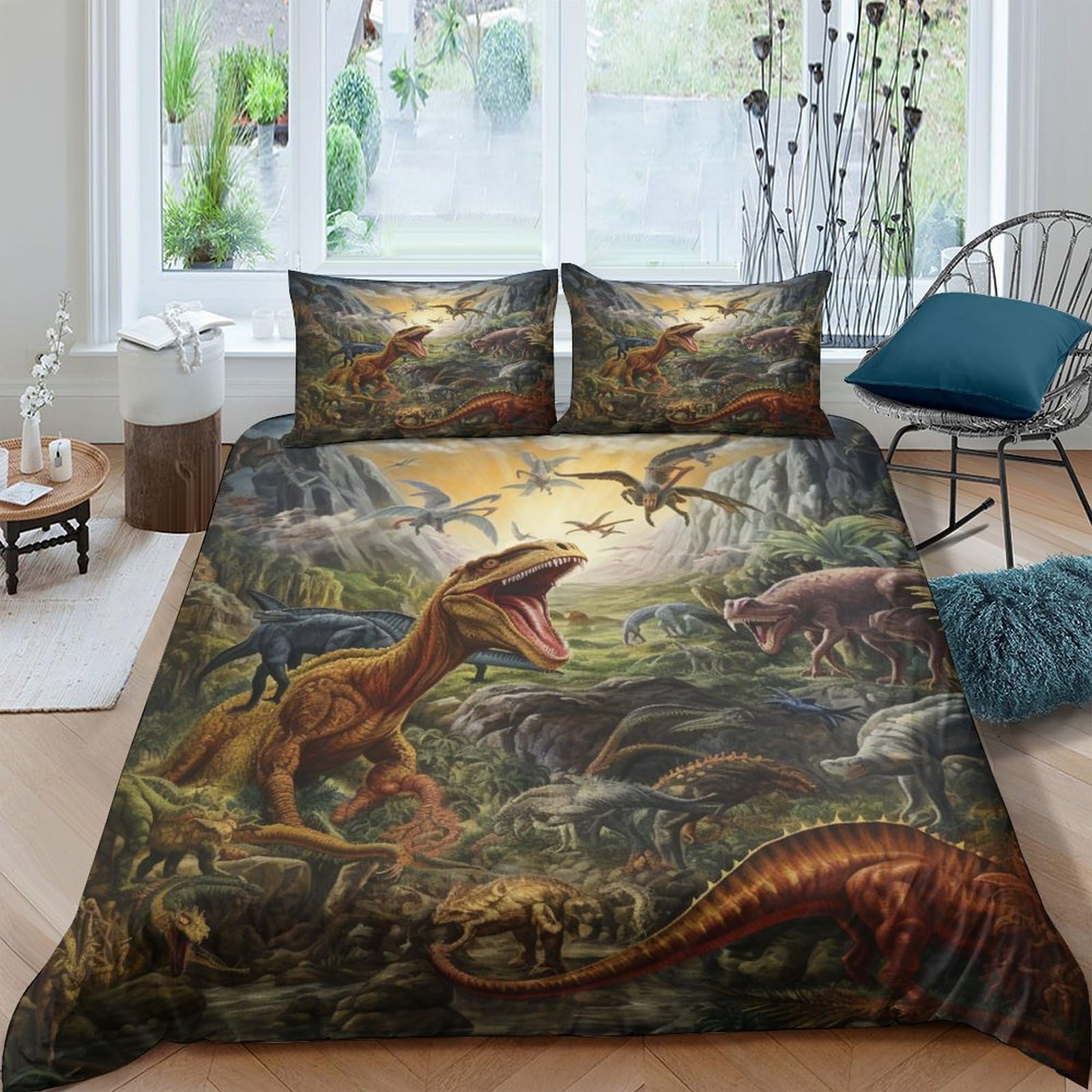 Housse de couette dinosaure 3D avec 2 taies d'oreiller pour lit enfant et ado