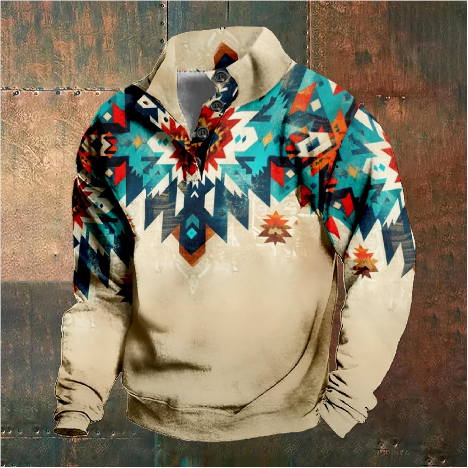Mens Hoodies Pullover Westren Cowboy Print Aztec Ethnic Graphic Fashion Button Collared Long Sleeve Sweatshirt - Image 2