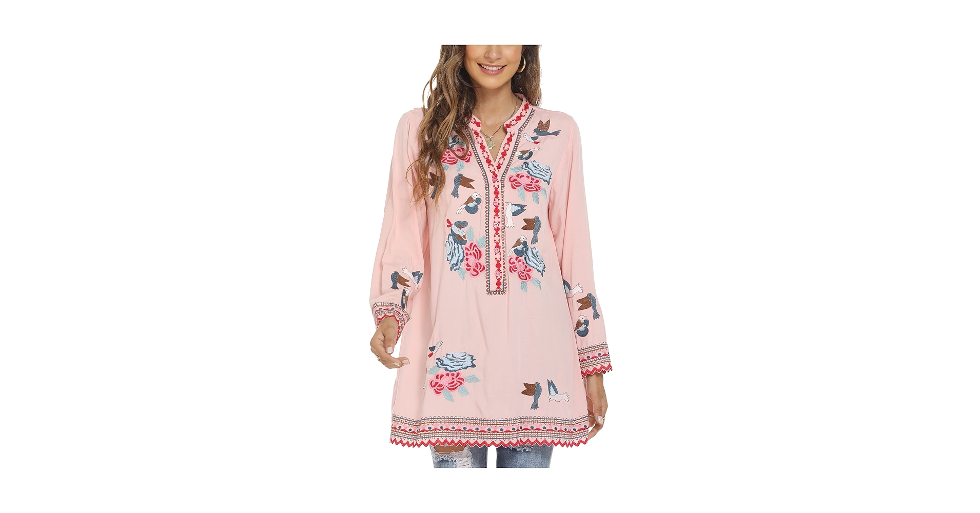 Grosy Boho Embroidered Tunic Tops Loose Fit Long Sleeve