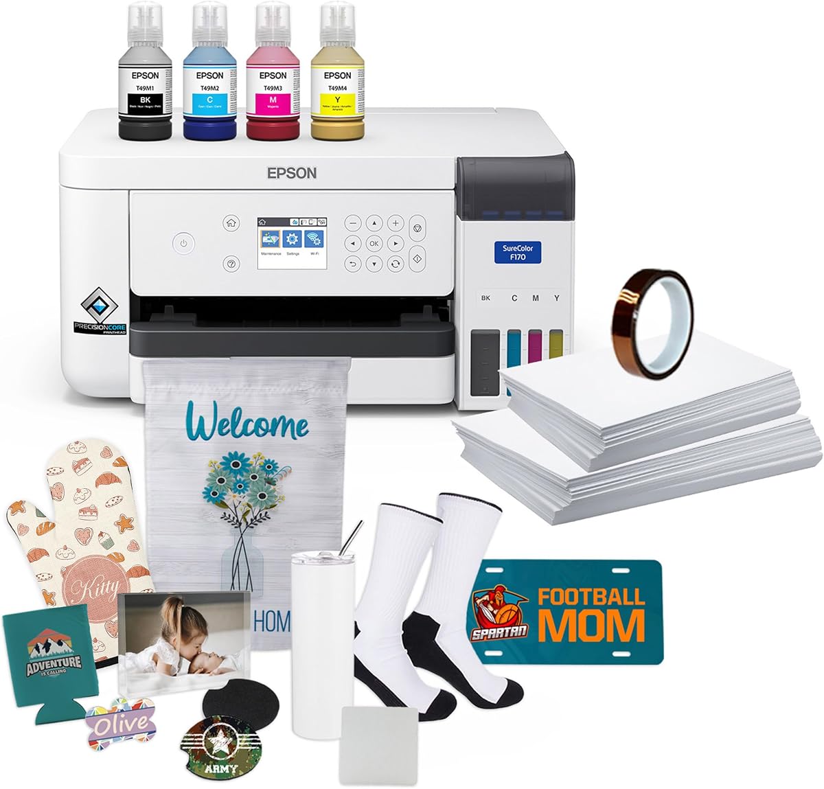 Epson SureColor F170 Dye-Sublimation Printer. Includes Full Set of Ink, User Guide, AC Power Cable, Sublimation Starter Kit, Thermal Tape, 8.5" x 11" & 8.5" x 14" Paper SCF170