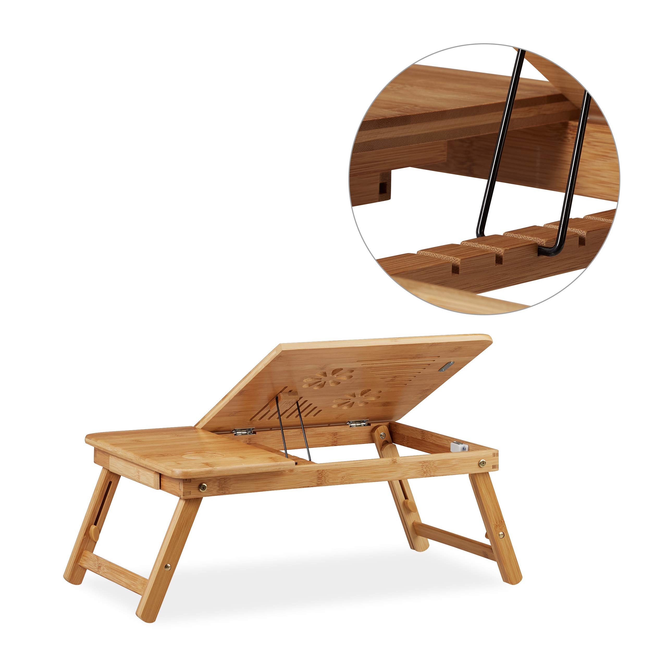 Relaxdays Tavolino Porta Pc Altezza Regolabile da Letto, Supporto Laptop bambù con Cassetto 30x69x35 cm, Marrone Chiaro