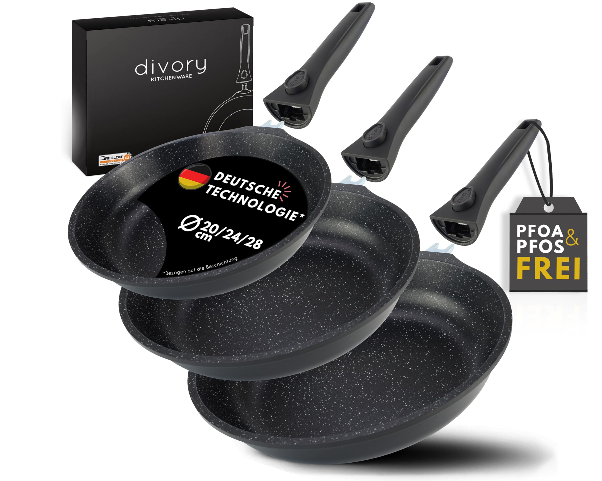 DIVORY Pfannenset 3-teilig (20/24/28 cm) – Bratpfannen Set Antihaftbeschichtung & abnehmbaren Griffen, frying pan, Für alle Herdarten geeignet, Induktion – Inkl. Pfannenschoner – Frei von PFOA & PFOS