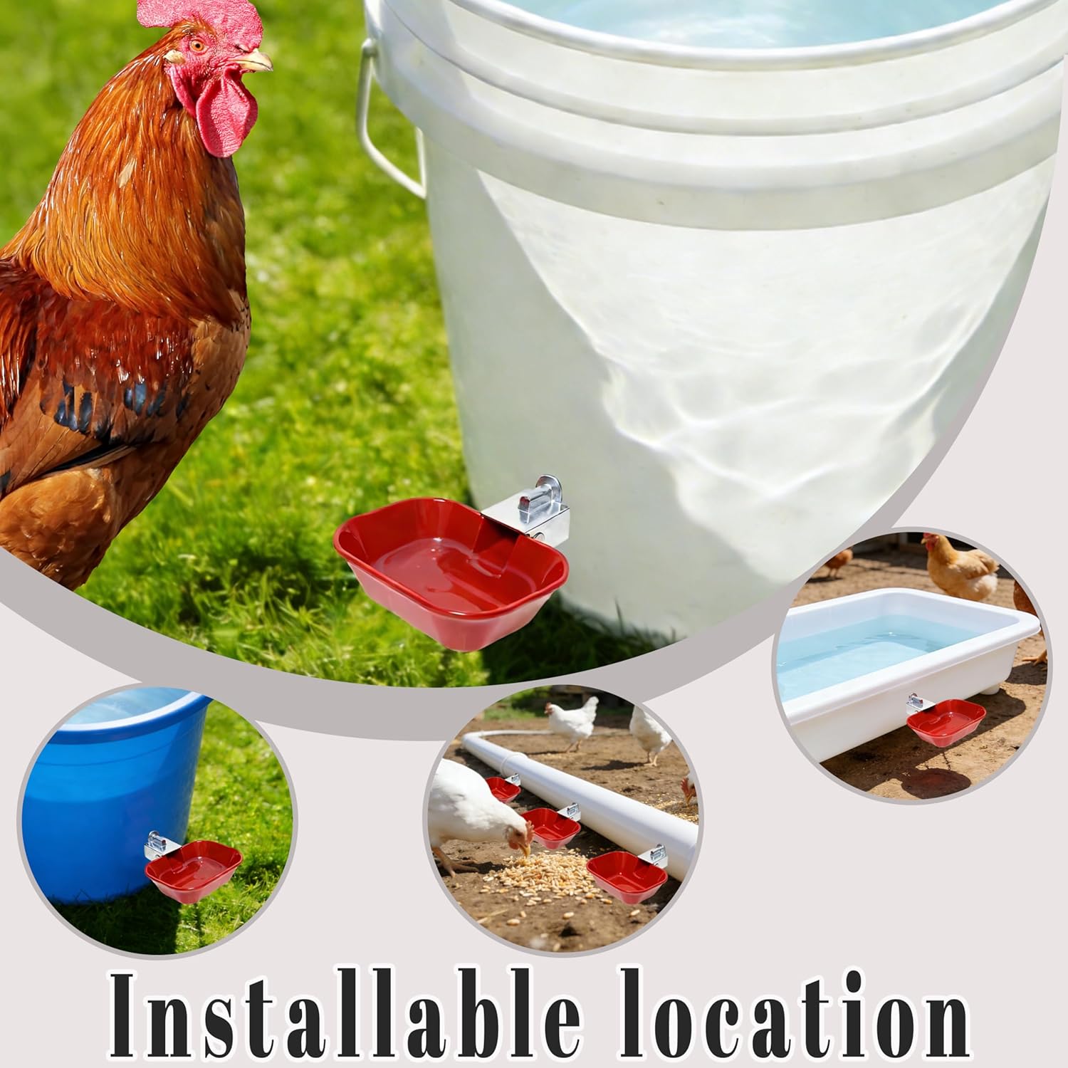 XCL Chicken Waterer Cups, Aluminum Alloy Chicken Waterer Feeder 4pcs Large, Tee Fittings Poultry Chicken Water, for Chicken, Duck, Goose, Turkey, Bunny, Bird, with Mounting Hole Opener (4, Red)