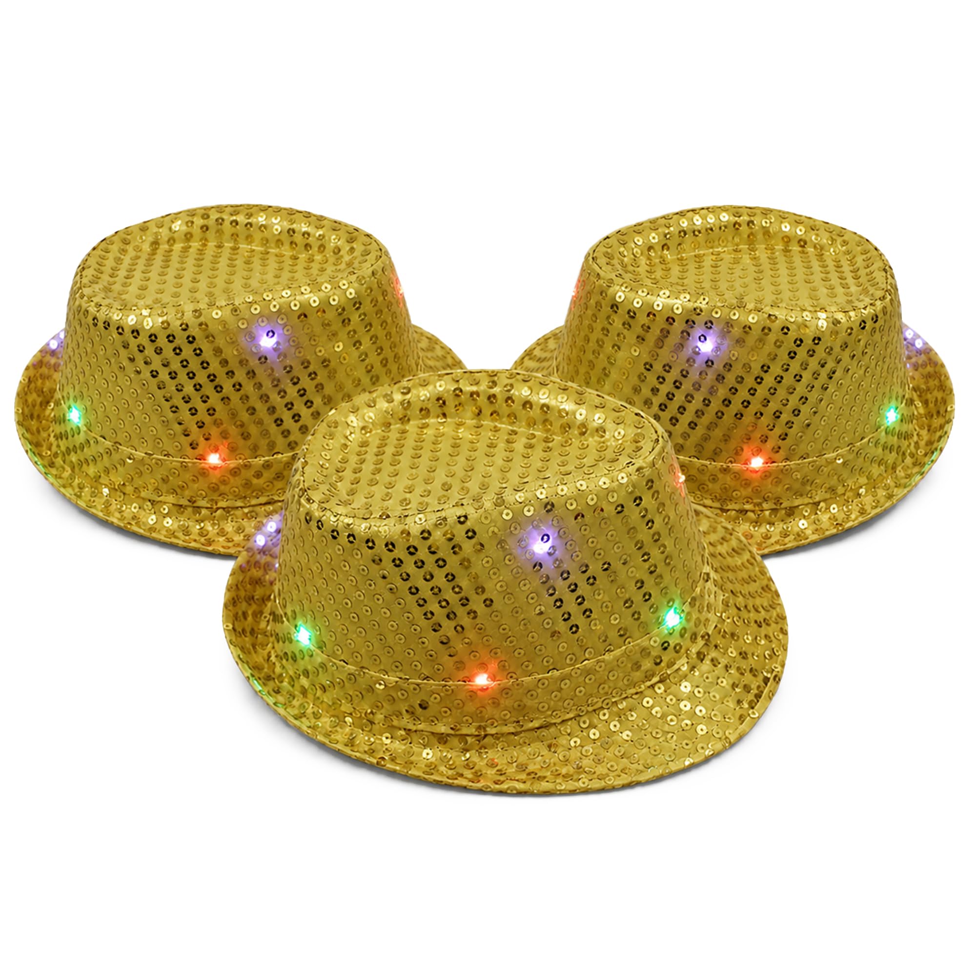 The Fancy Dress® Adult LED Light Up Sequin Trilby Hat, Women Men Multi-Function Fedora Flashing Jazz Hat Cowboy Hat Performance Props Party & Carnival Fancy Dress Up Hats Unisex, 3 Pack Gold