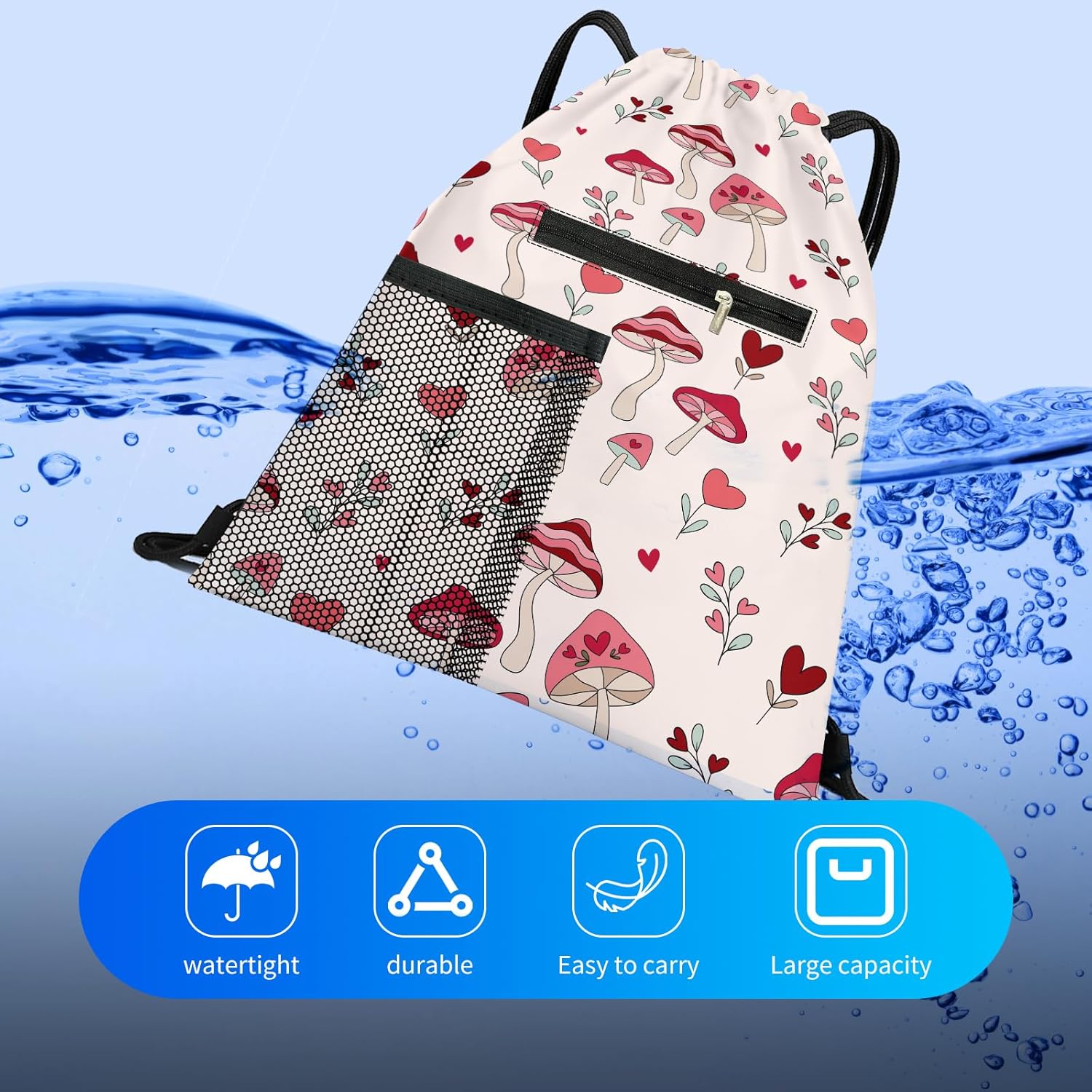 Drawstring Backpack Sports Gym Bag, Large String Swim Bag for Beach With Water Bottle Mesh Pocket, Cute Gym Sack with Zipper Pocket for Men Women Cute Pink Mushroom - Image 3