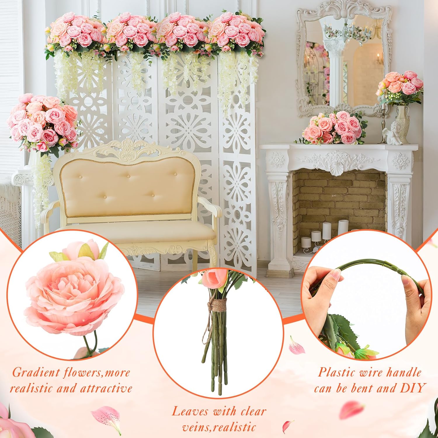 Geosar 8 Bundles Artificial Peonies Flowers Fake Silk Peony Bouquet Faux Peonies Flowers Bulk for Decoration Vase Floral Arrangements Wedding Party Table (Peach Pink,Light Pink) - Image 3