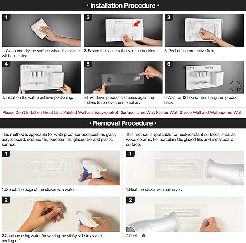 Miniatura 8 de YOHOM Soporte adhesivo para cepillos de dientes eléctrico para ducha, montado en la pared, organizador de cepillo de dientes colgante, estante de