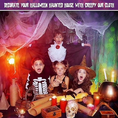 Miniatura 6 de Riare Paquete de 12 paños espeluznantes de Halloween de 30 x 75 pulgadas, tela espeluznante de gasa negra para fiesta de Halloween, casa encantada