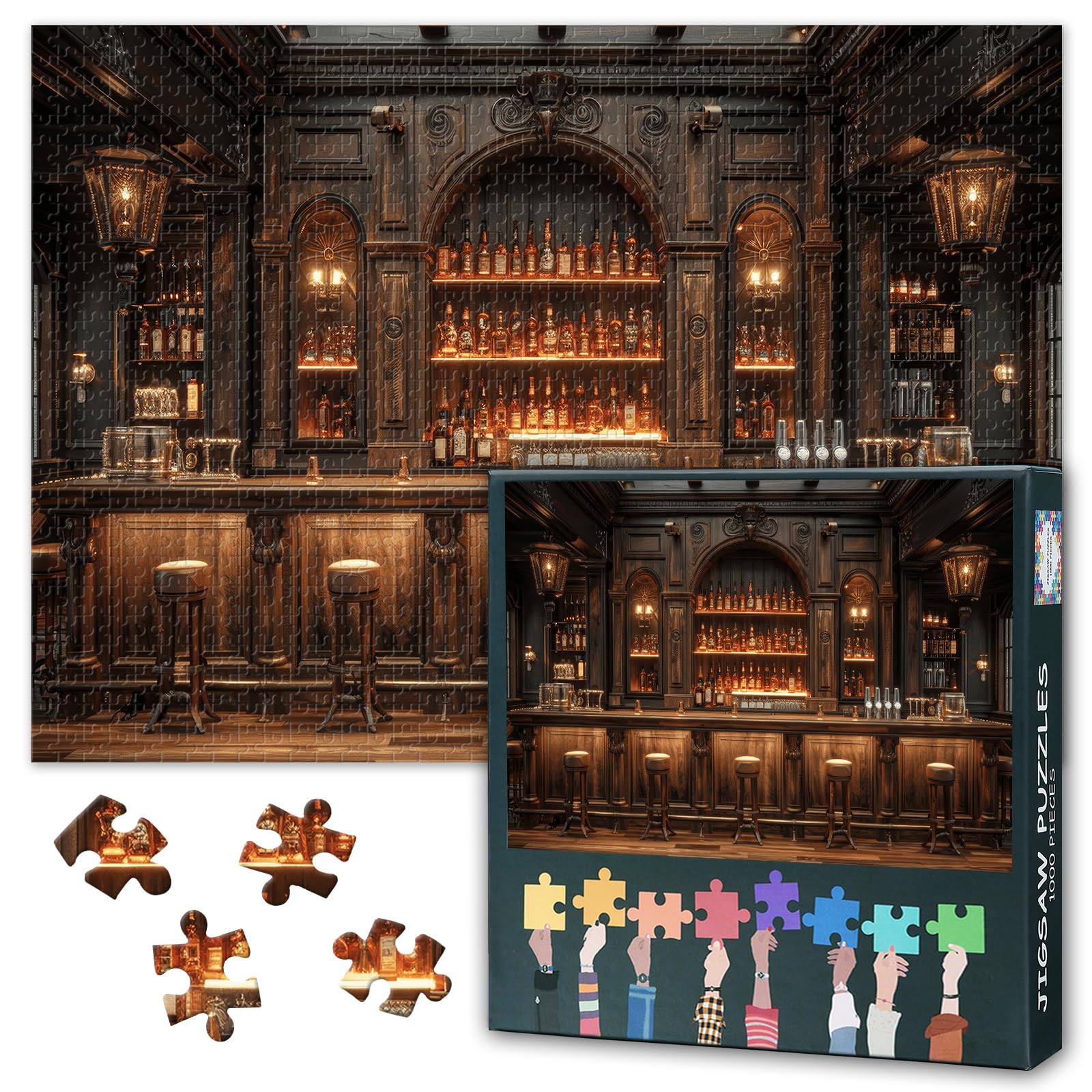 1000 Piece Jigsaw Puzzle for Adults Classic Vintage Pub Scene with Wooden Counter Leather Stools Detailed Illustration Challenging Adult Puzzle 27.5x19.7 Inch — image 1