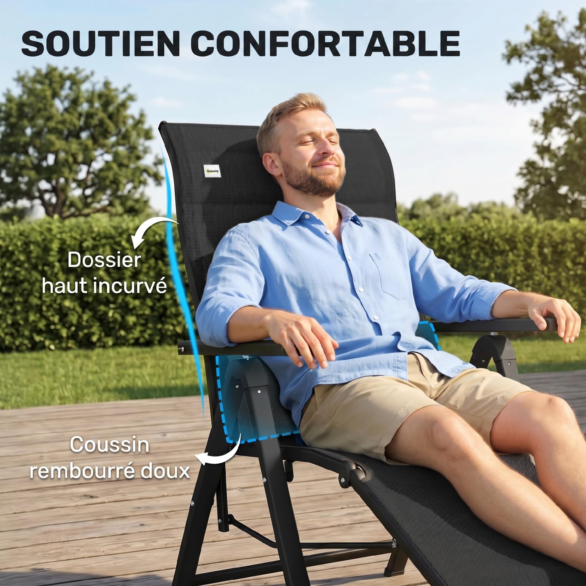 Outsunny Sedia a Sdraio Pieghevole Reclinabile, Poltrona Relax da Giardino con Schienale Regolabile in 9 Posizioni, Cuscino Lombare, per Giardino, Terrazza o Piscina, Nero