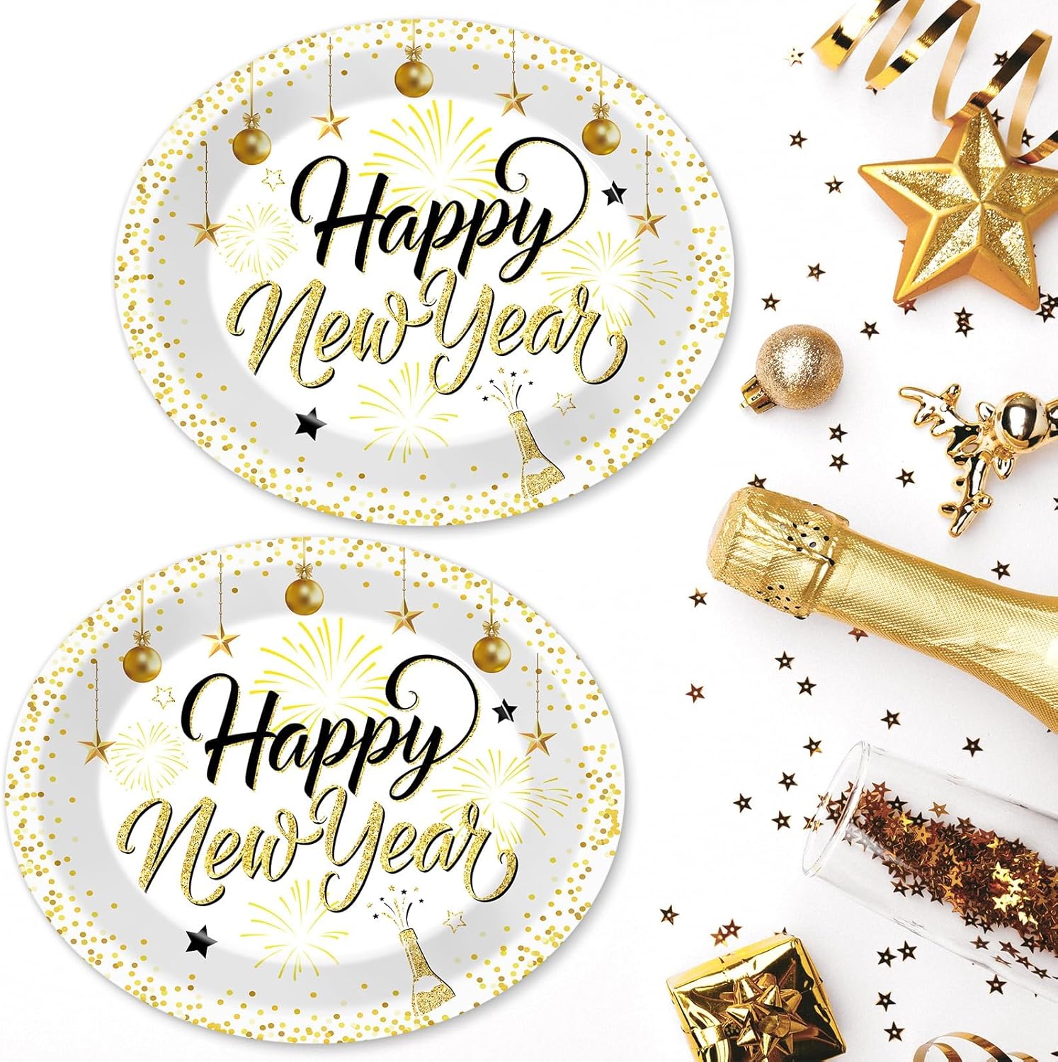 QOUBAI 50Pcs Happy New Year Party Oval Plates 11 Inch Disposable Black Gold New Year Paper Plates Winter Tableware Dinnerware Set Holiday Platter Dish Tray for Holiday Party Decoration Supplies 2026