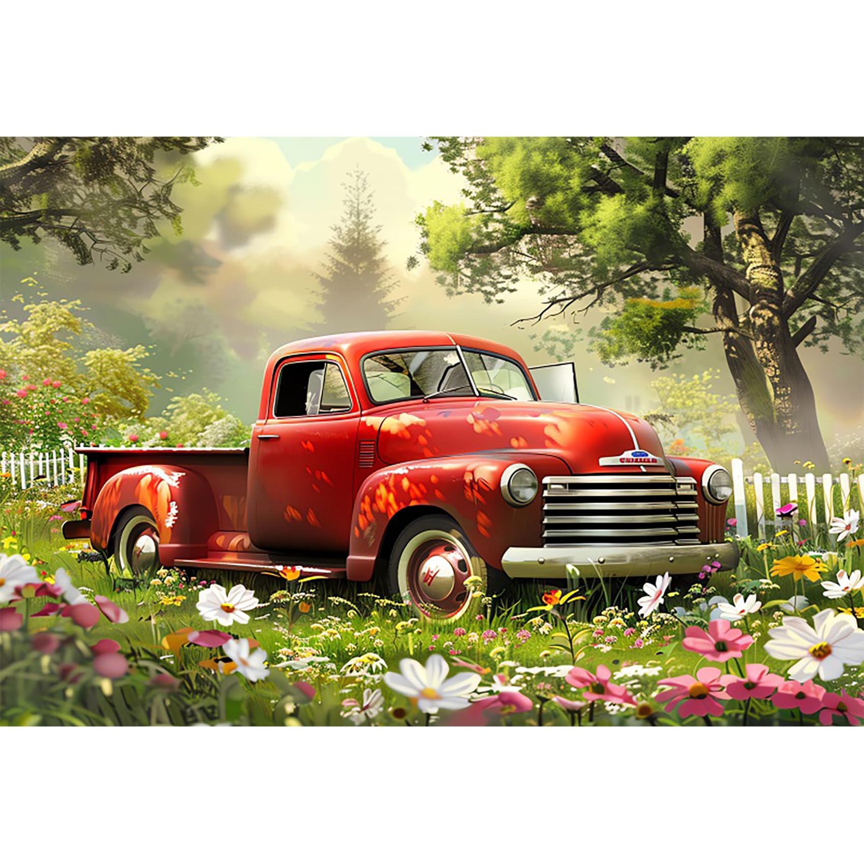 CSFOTO 5x3ft Spring Park Plants Backdrop Country Fields Red Truck Watercolor Trees Flowers Background for Photography Outdoor Picnic Outings Portrait