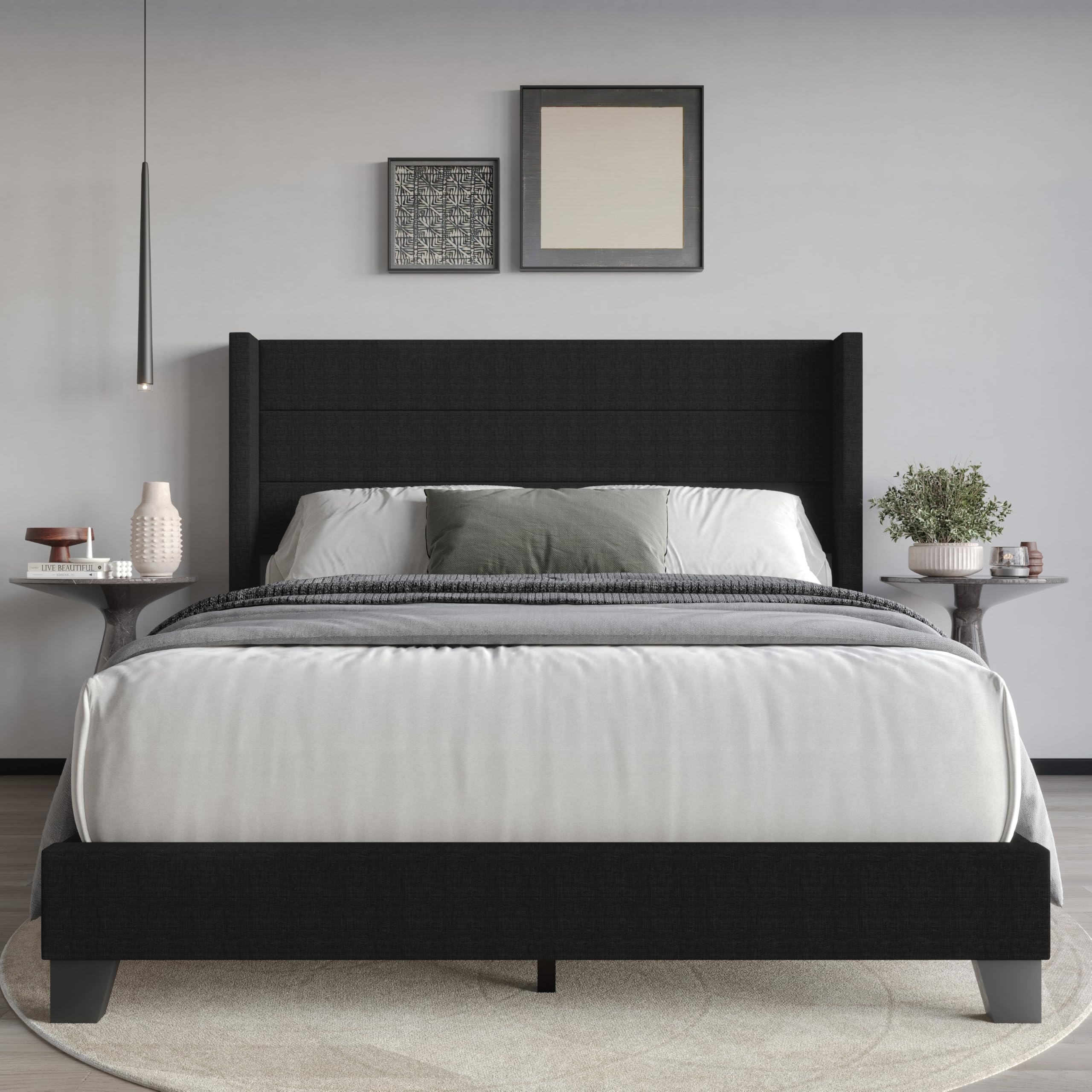 HOME DESIGN Niles Full Size Linen Upholstered Panel Bed, Wingback Headboard with Horizontal Channel Tufting, Foam Padding, Black