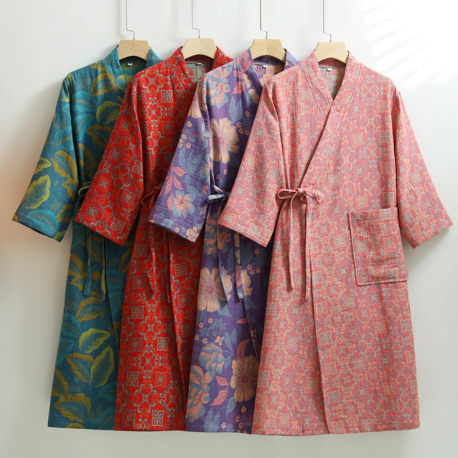 Damen Kimono-Bademantel aus Baumwoll-Jacquard, leicht, lockerer Morgenmantel, Spa-Sauna-Bademantel, Bedruckt, japanische Nachtwäsche,Blau,XL