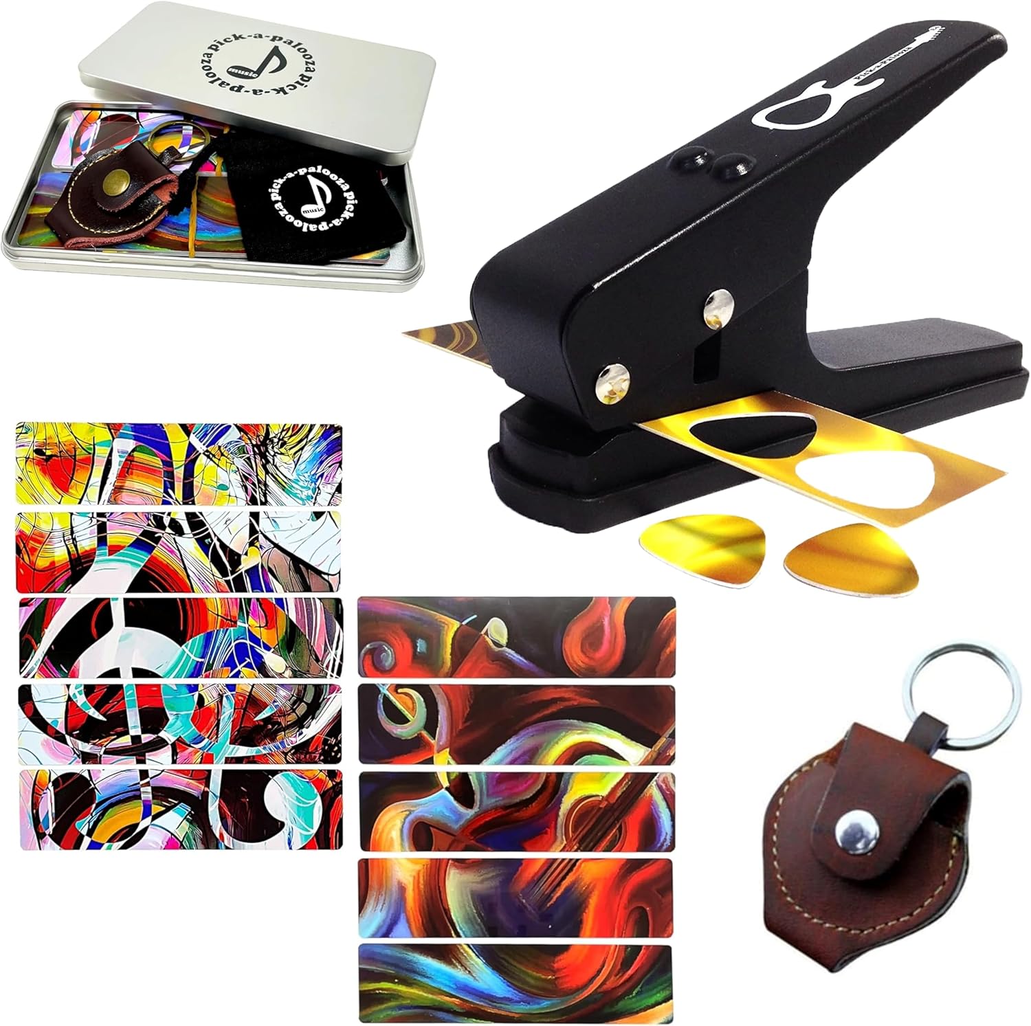 Guitar Pick Punch Gift Pack Bundle with Music Art Guitar Pick Strips Leather Guitar Pick Holder Pick Drawstring Bag and Custom Guitar Pick Tin - Black