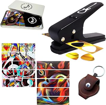 Guitar Pick Punch Gift Pack Bundle with Music Art Guitar Pick Strips Leather Guitar Pick Holder Pick Drawstring Bag and Custom Guitar Pick Tin - Black