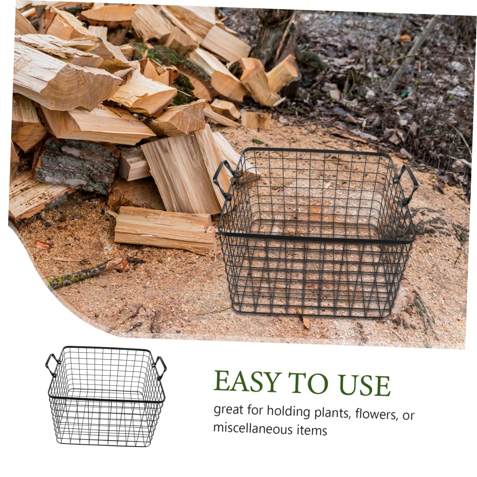 Cesta de Hierro Negra para Leña Asa, Diseño Abierto Clásico | Almacenamiento de Combustible, Uso Interior y Campamento, Forma de Cesta Elegante para Troncos