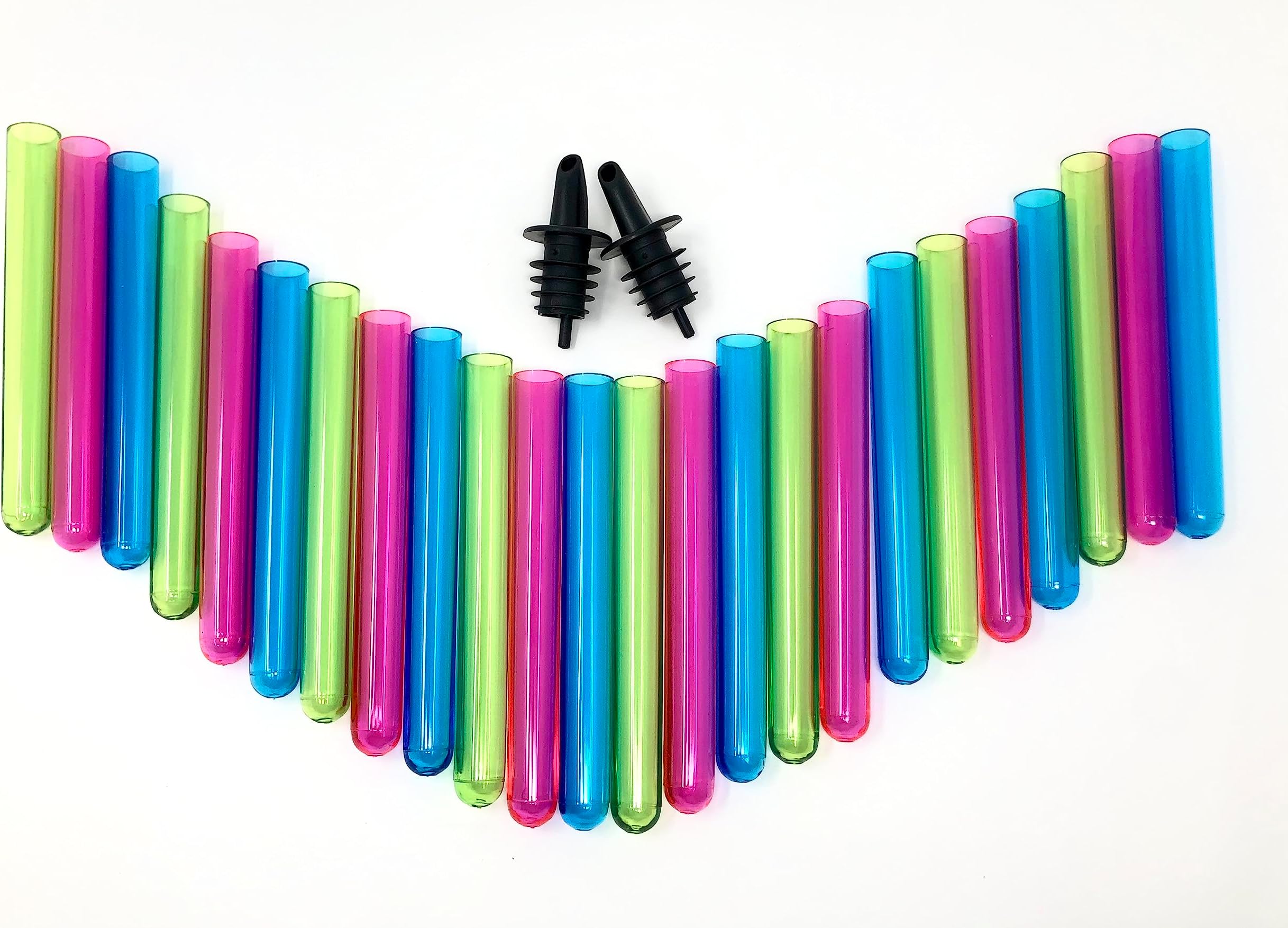24 Neon Test Tube Shot Glasses - with 2 BONUS Liquor Pourers for Spill Free Pours for Bachelorette Parties, Bars, Pool Parties, Man Caves, New Year's Eve, and more.