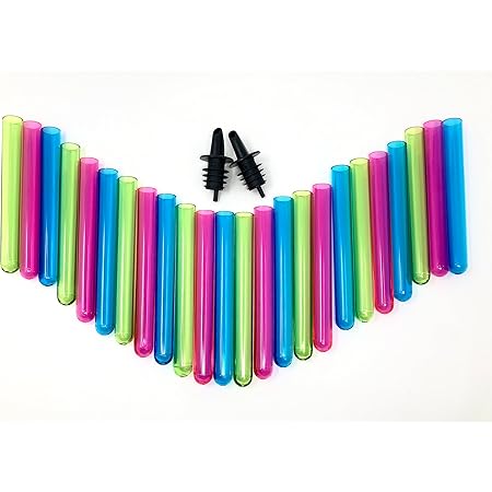 Desert Mercantile 24 Neon Test Tube Shot Glasses with 2 BONUS Liquor Pourers for Spill Free Pours for Bachelorette Parties, Bars, Pool Parties, Man-Caves, New Years Eve, and Holidays.