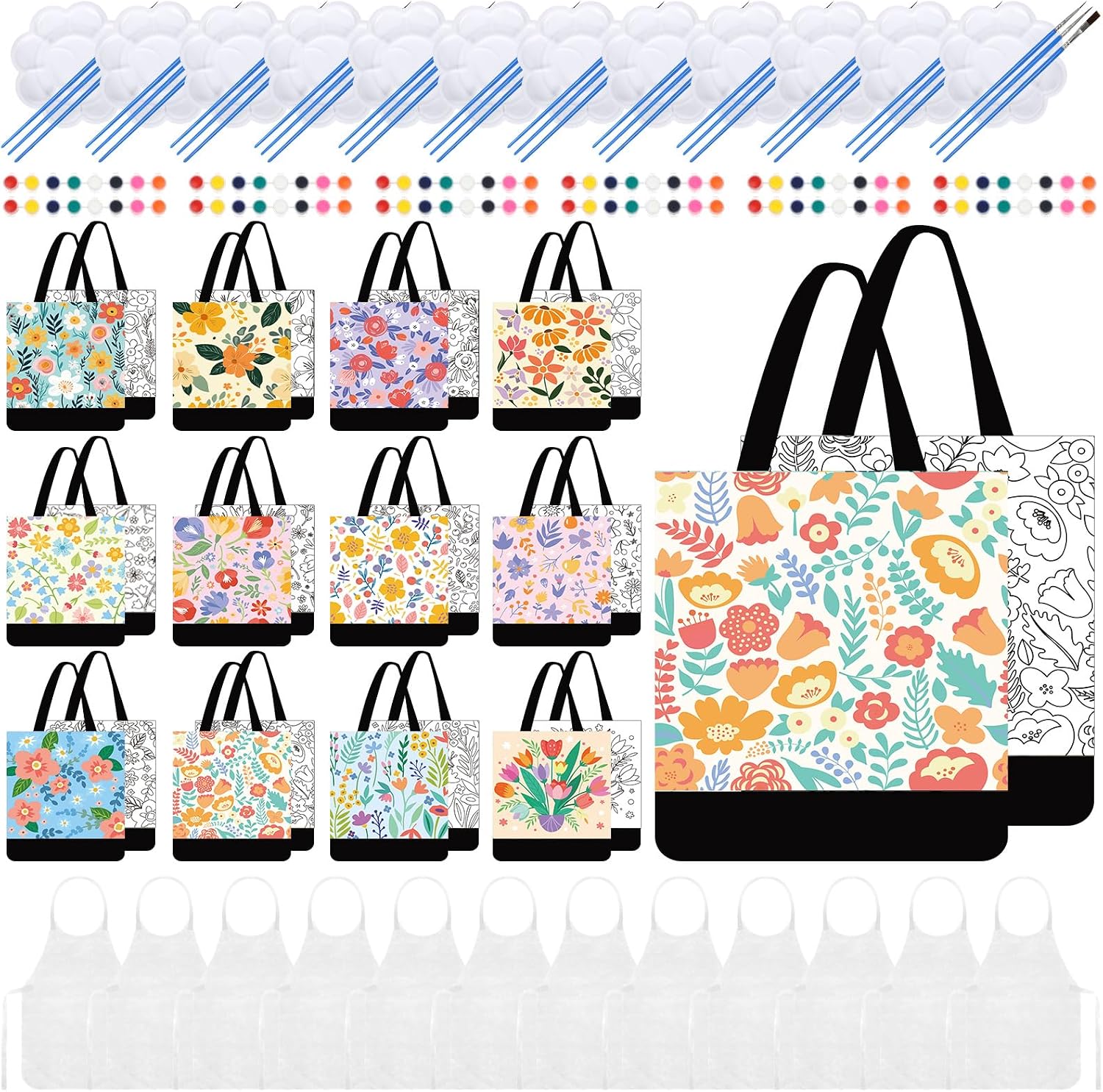 Paterr 12 Set Pre Drawn Canvas Bags Set Paint and Sip Kit for Adults Painting DIY Tote Bags Making Kit for Women DIY Party