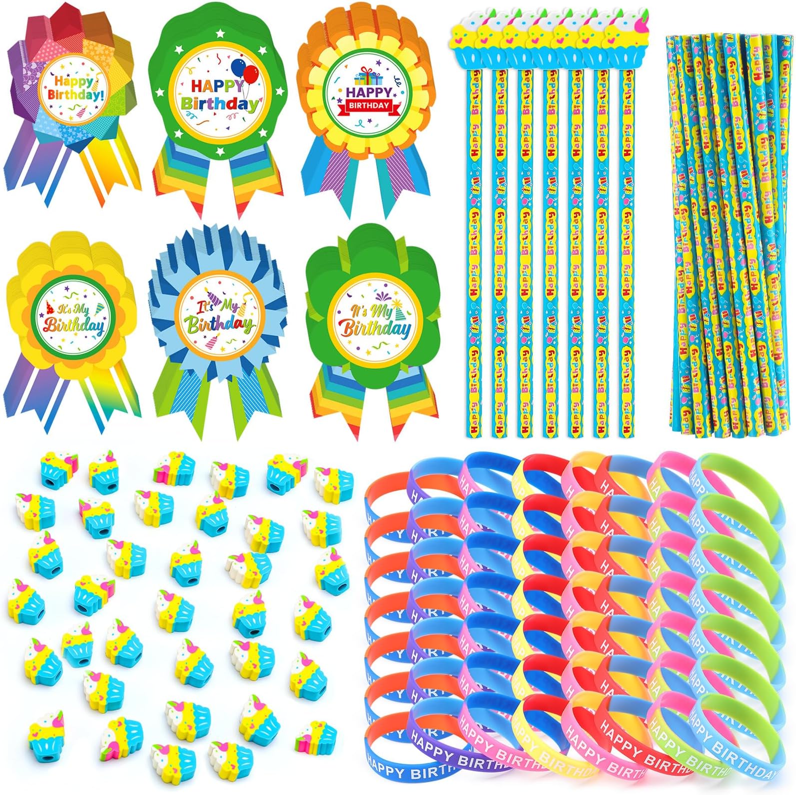 Fainne 276 Pcs Happy Birthday Gifts Set for Kids Students Classroom Includes 36 Happy Birthday Pencils with Cupcake Erasers 120 Rubber Bracelets 120 Badge Stickers Classroom Reward Kit Party Supplies