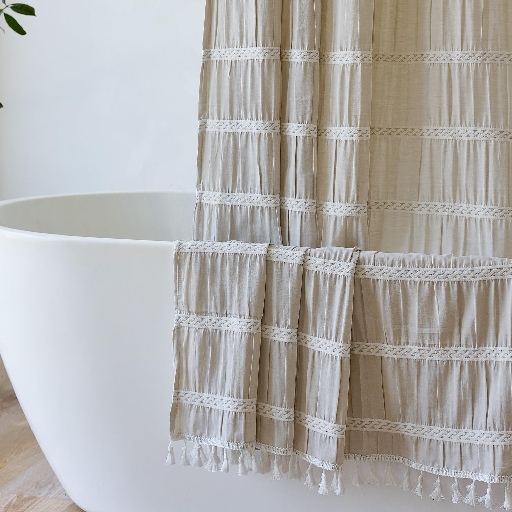 Siiluminisoy Extra Long Shower Curtain Fabric 72 x 84 Inch Shower Curtain Cream Striped Cotton Blend Thick Farmhouse Shower Curtains for Country Bathroom Decor, Beige