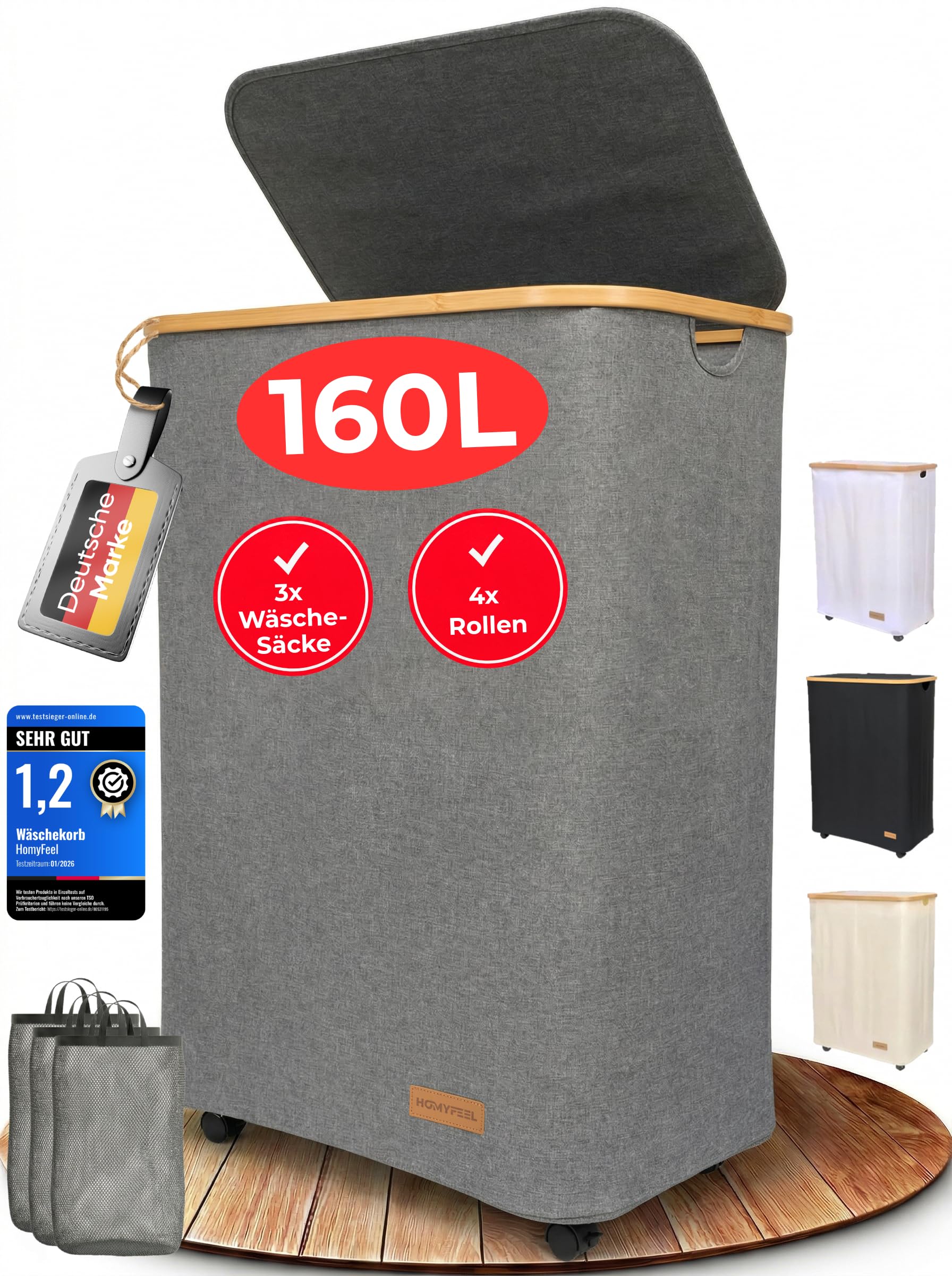HomyFeel - wäschekorb 3 fächer rollbar, 160L, Wäschesammler mit Deckel, herausnehmbare wäschesack, Wäschekorb faltbar, Oxford Gewebe, Wäschebox auf Rollen, Griffe aus Bambus, 57x37,5x79cm, Grau - 1